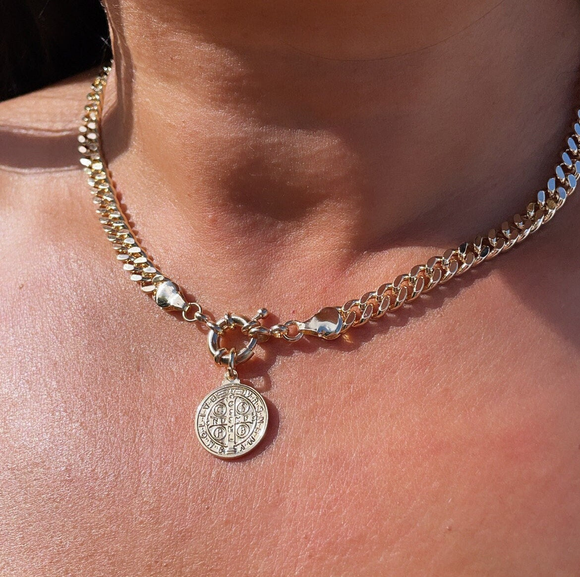 18k Gold Filled 6mm Cuban Link Choker Featuring Large Chunky Spring Ring And St Benedict Charm Supplies Design