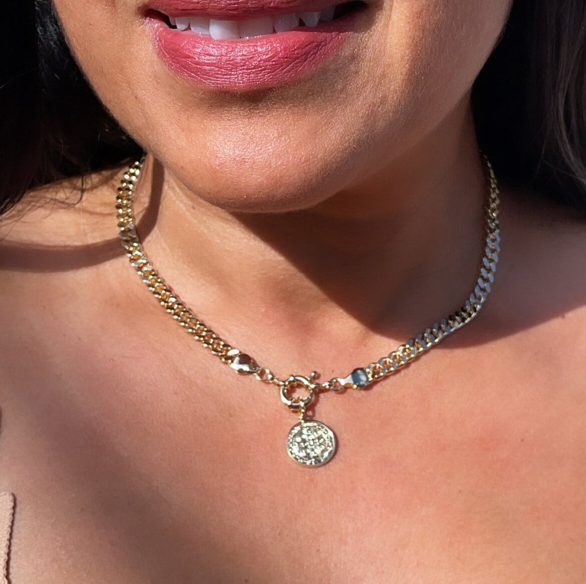 18k Gold Filled 6mm Cuban Link Choker Featuring Large Chunky Spring Ring And St Benedict Charm Supplies Design