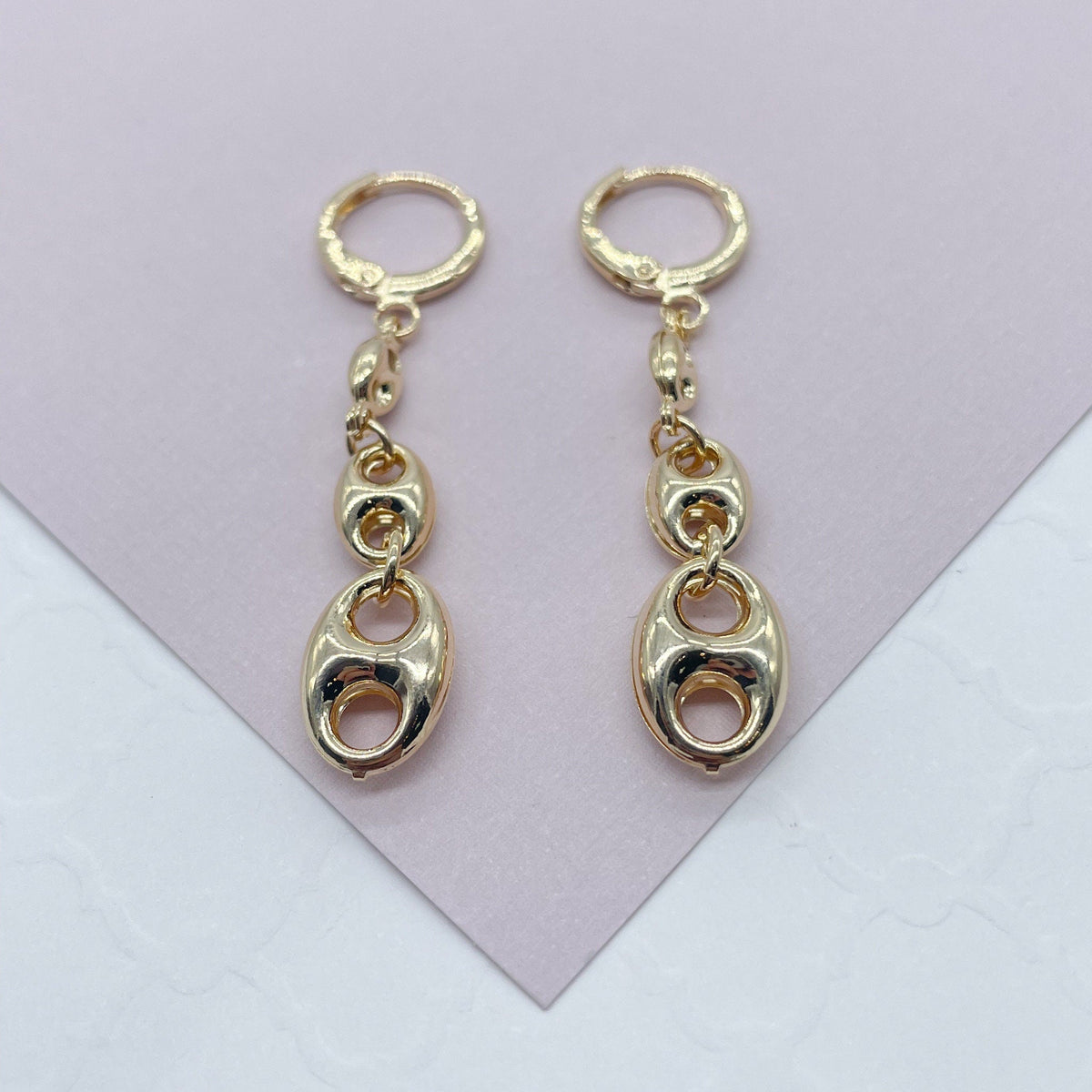18k Gold Filled Three Mariner Link Dangling Earrings In A Leverback Jewelry Making Supplies