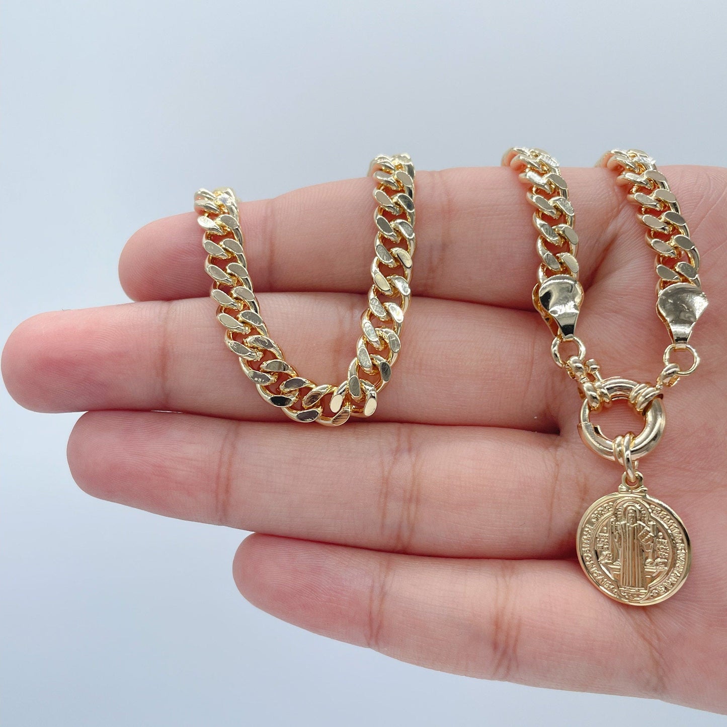 18k Gold Filled 6mm Cuban Link Choker Featuring Large Chunky Spring Ring And St Benedict Charm Supplies Design