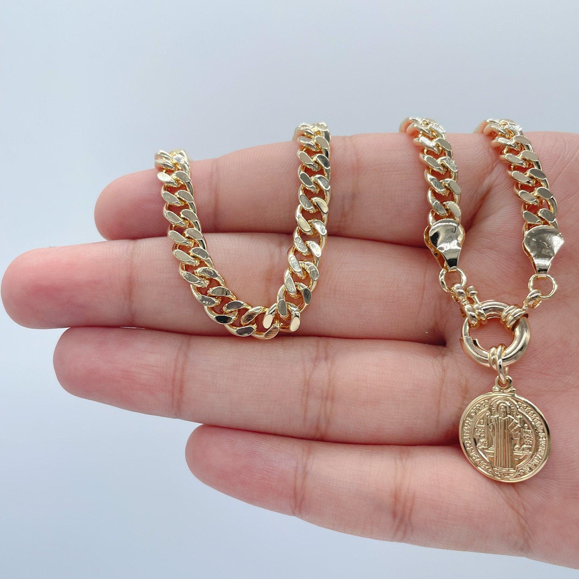 18k Gold Filled 6mm Cuban Link Choker Featuring Large Chunky Spring Ring And St Benedict Charm Supplies Design