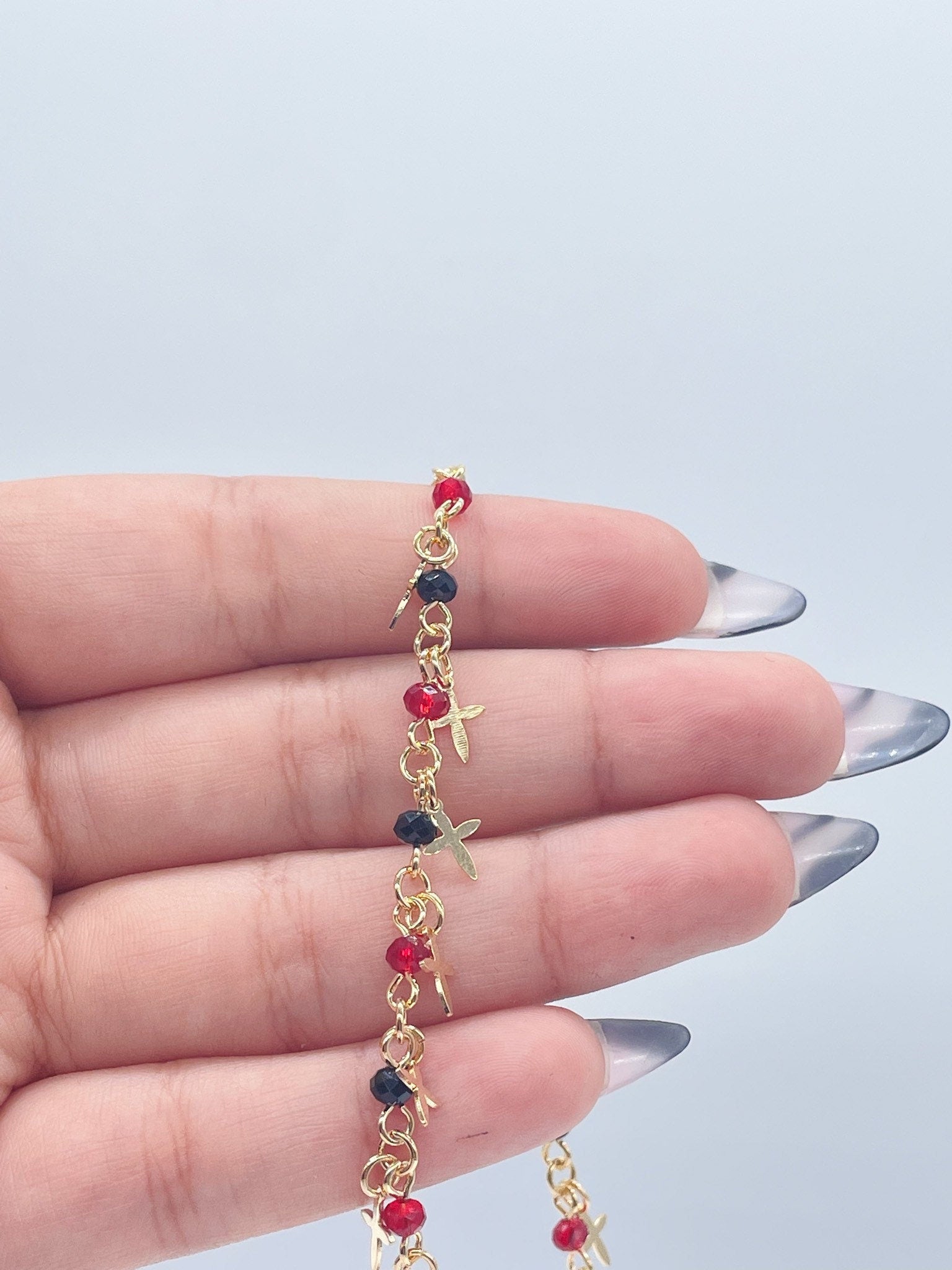 18k Gold Filled Red and Black Bead Charm Anklet Bracelet Featuring 17 Tiny Crosses