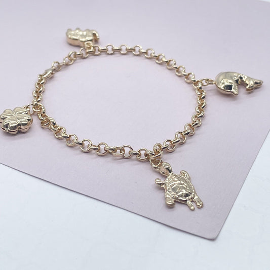 18k Gold Filled Lucky Charm Bracelet, Dolphin, Turtle, Elephant & Clover