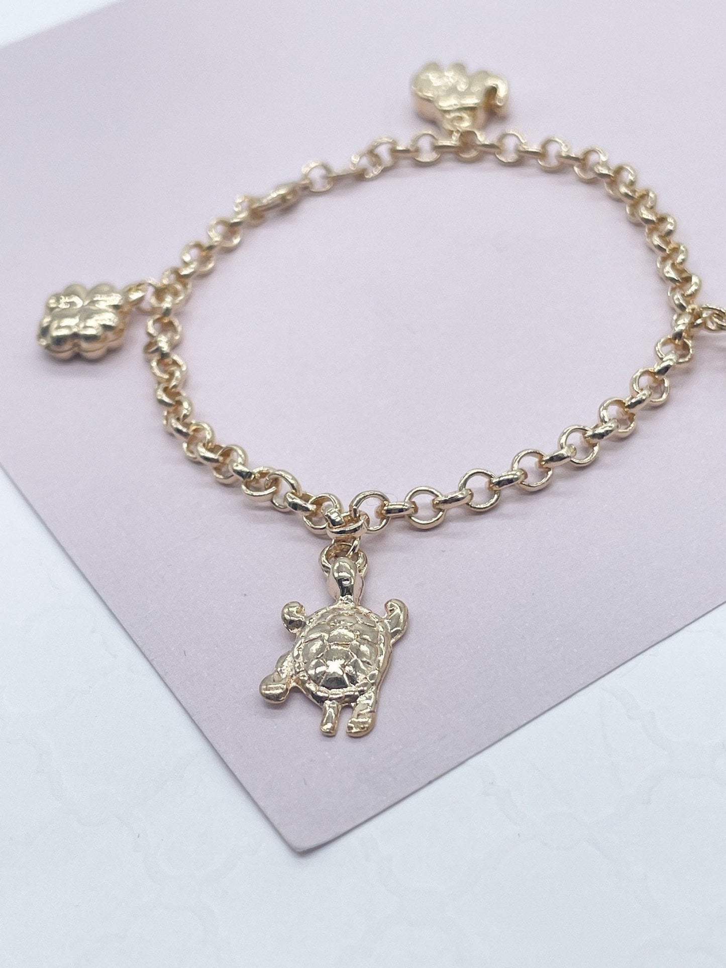 18k Gold Filled Lucky Charm Bracelet, Dolphin, Turtle, Elephant & Clover