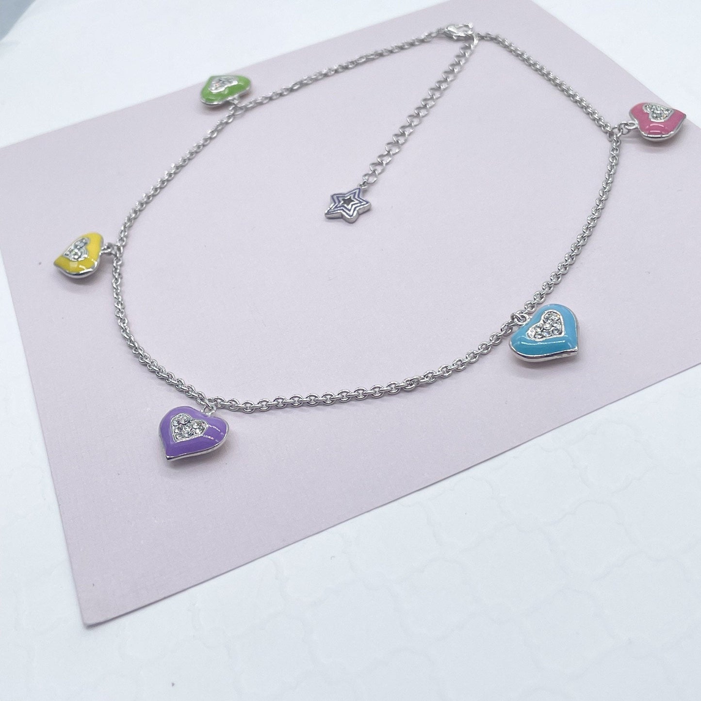 Silver Filled Necklace with Colorful Enamel Heart Charms