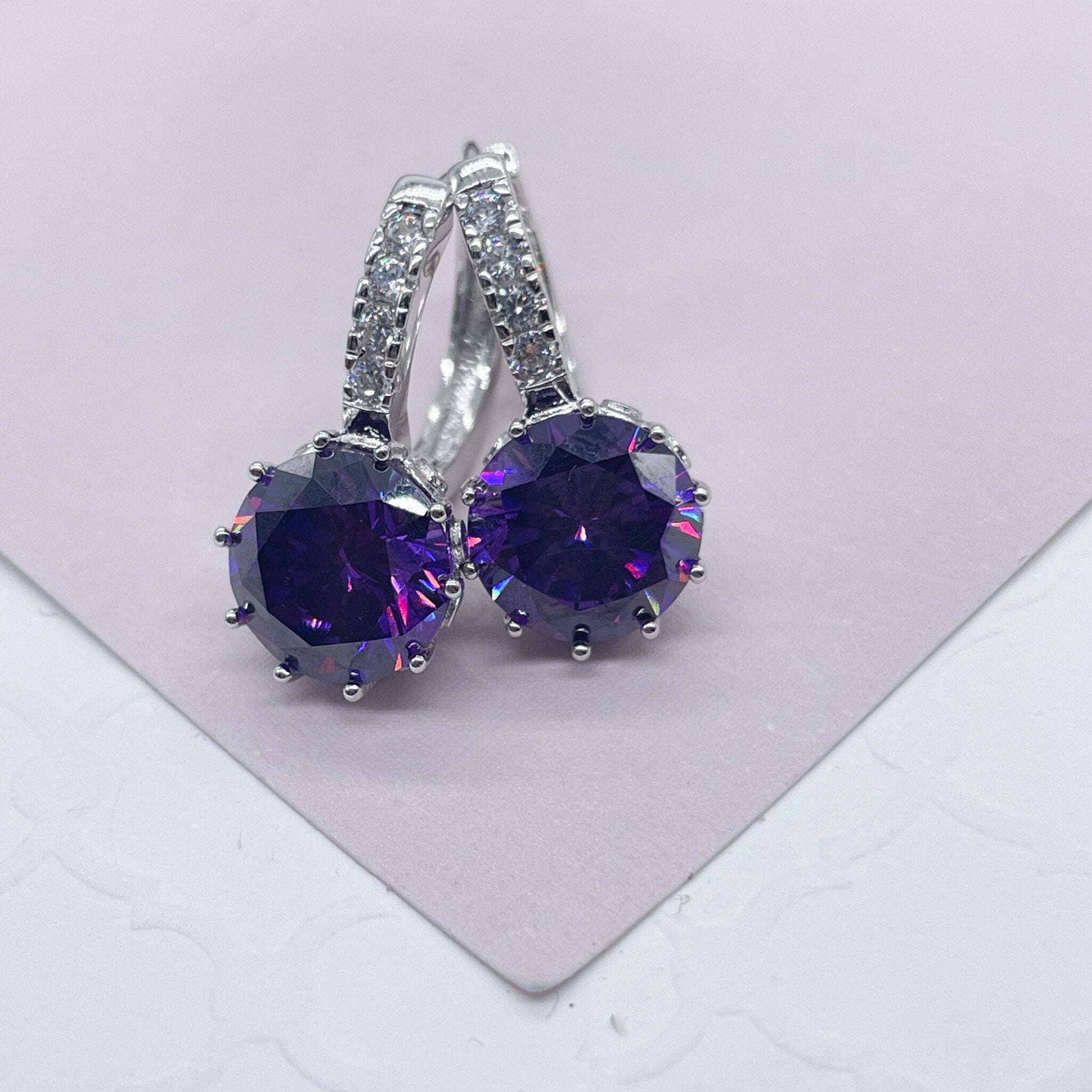 Elegant 18k Silver Filled 9mm Colorful Zirconia Lever Back Earrings Featuring Clear CZ Details