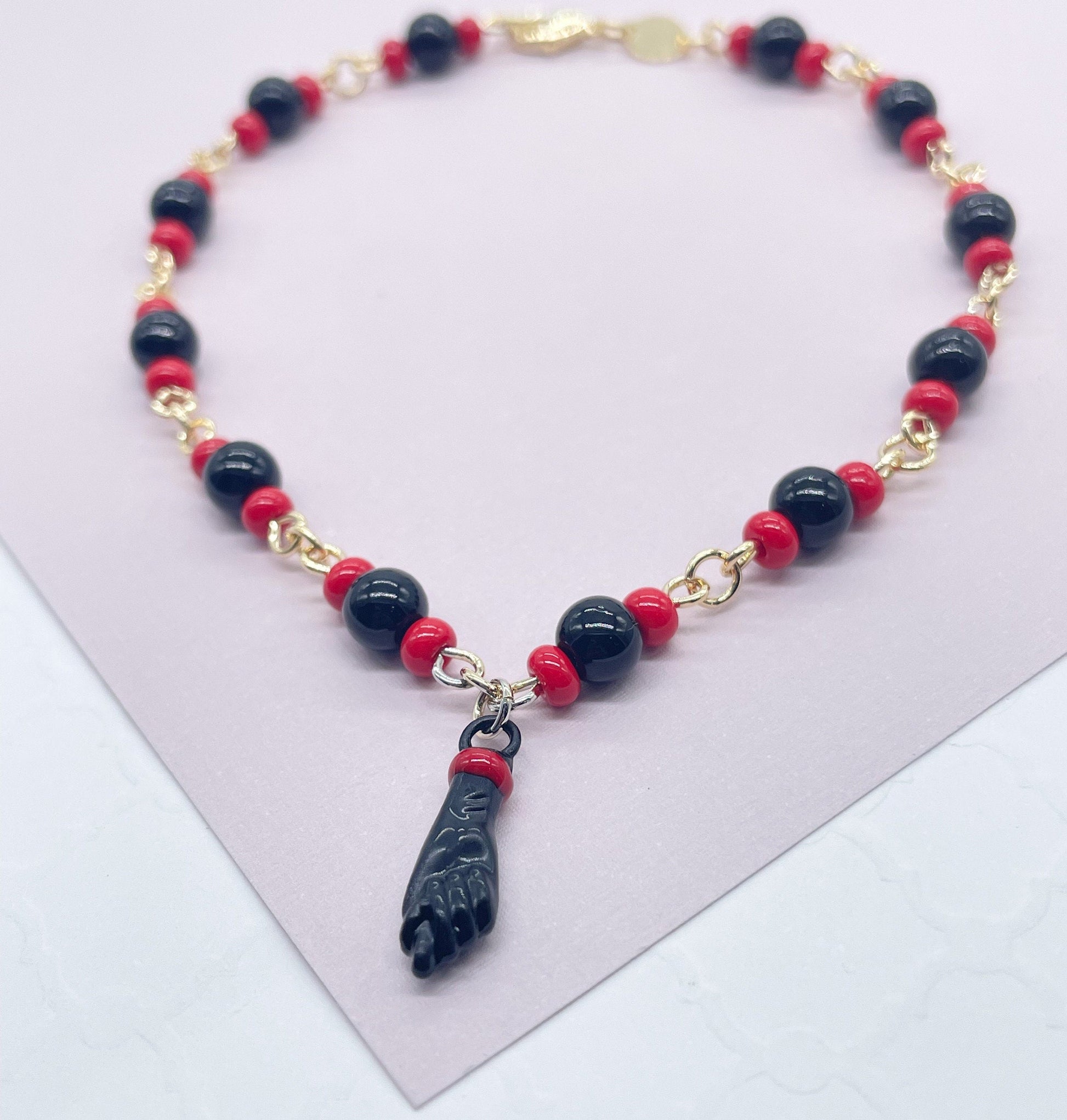 18k Gold Filled Beaded Anklet: Black Figa Charm, Good Luck Protection