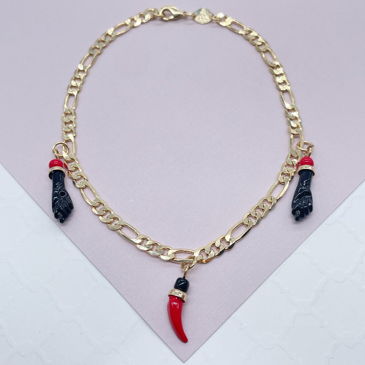 18k Gold Filled Figaro Anklet: Chili & Figa Hand Charms