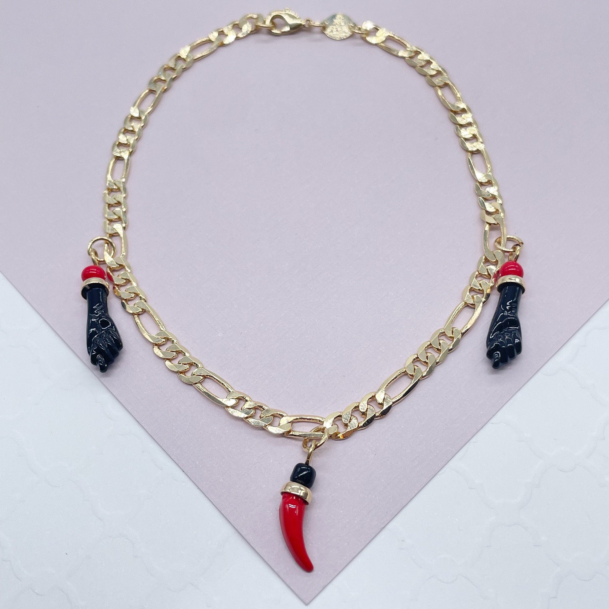 18k Gold Filled Figaro Anklet: Chili & Figa Hand Charms