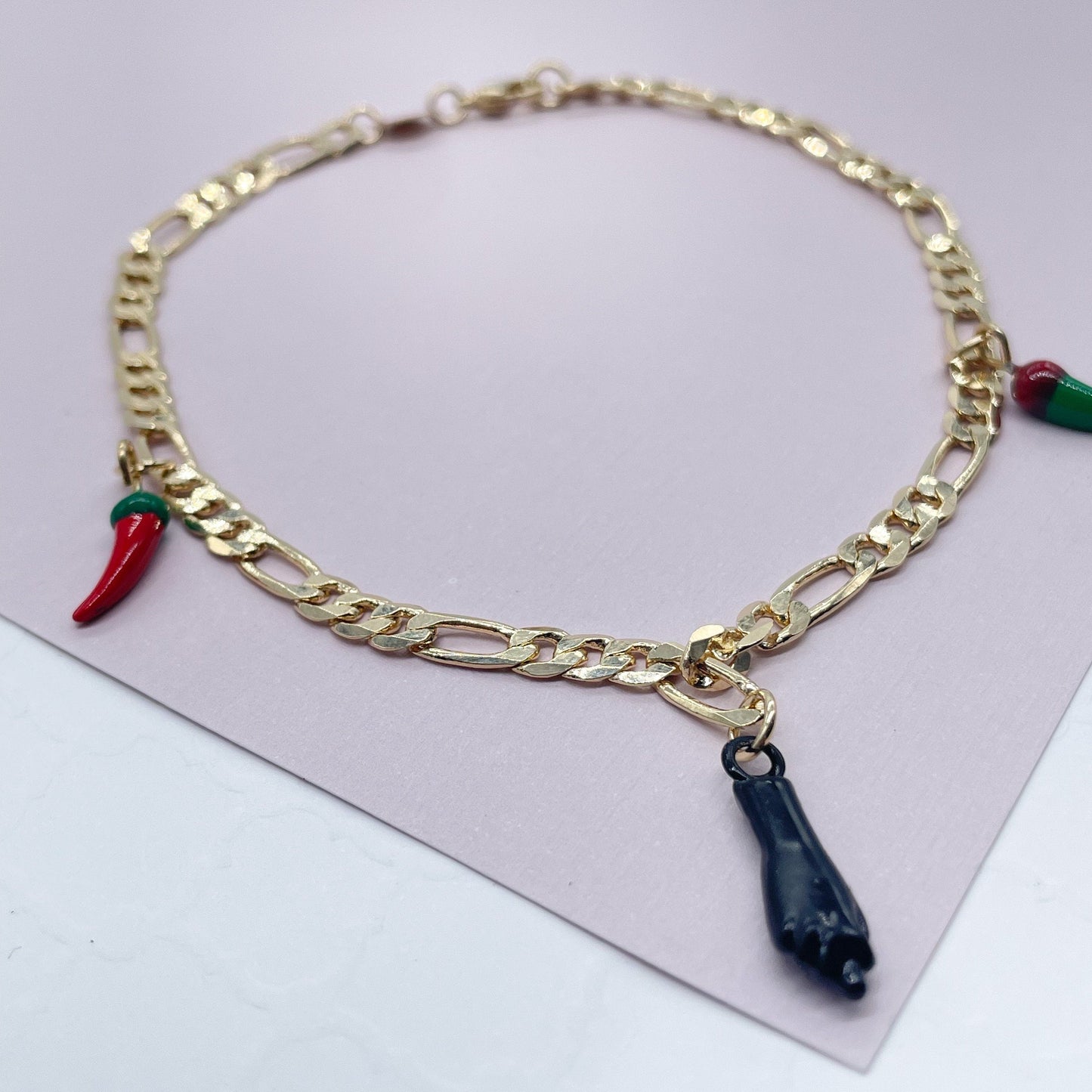 18k Gold Filled 4mm Figaro Charm Anklet With Black "Figa" Hand Red & Green
