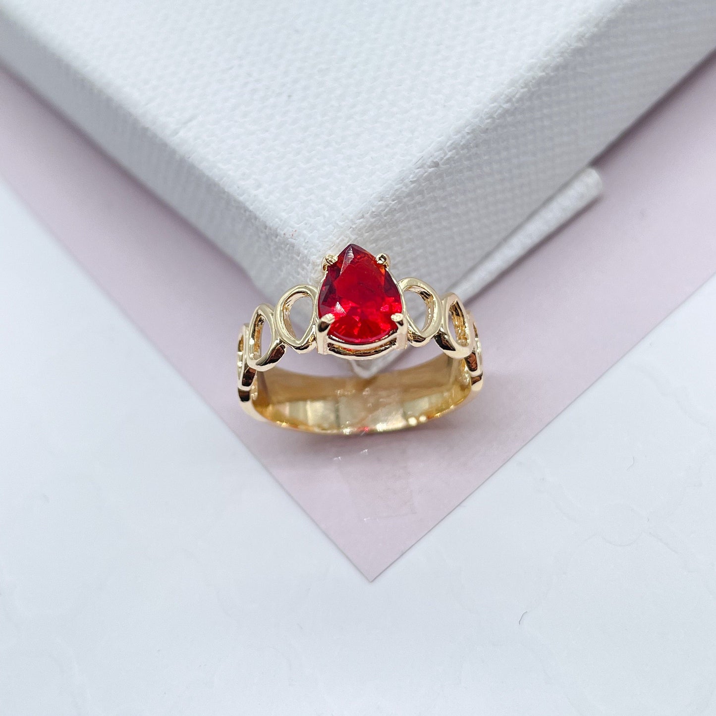18k Gold Filled Ring Featuring Solitaire Tear Drop Shaped Stone Available In Assorted Colors Jewelry
