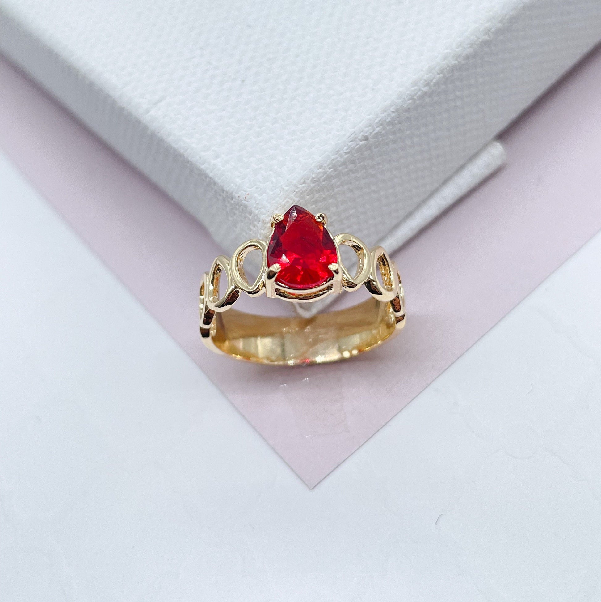18k Gold Filled Ring Featuring Solitaire Tear Drop Shaped Stone Available In Assorted Colors Jewelry