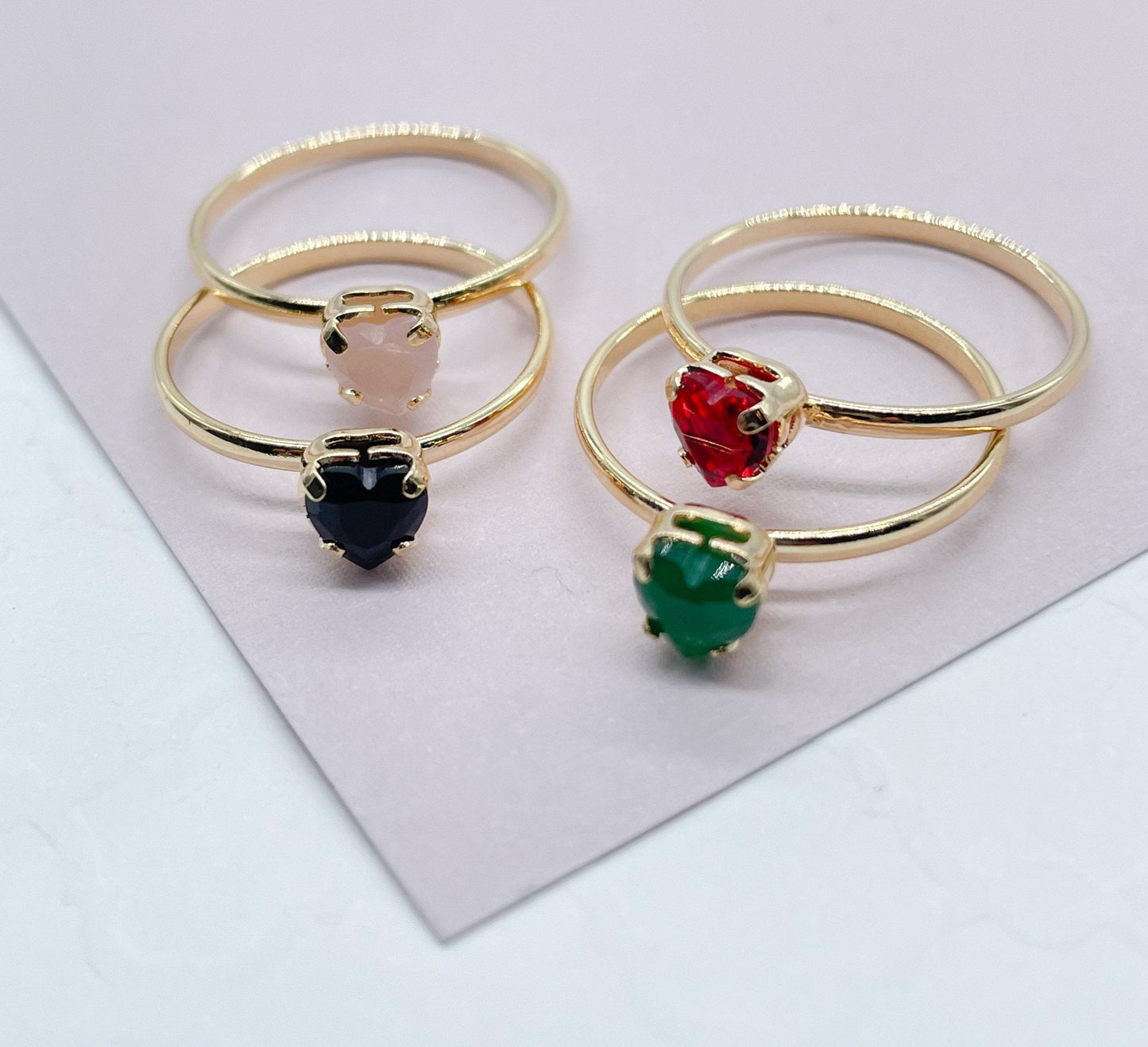 Thin 18k Gold Filled Ring Featuring Solitaire Colorful Heart Shape Cubic Zirconia Jewelry