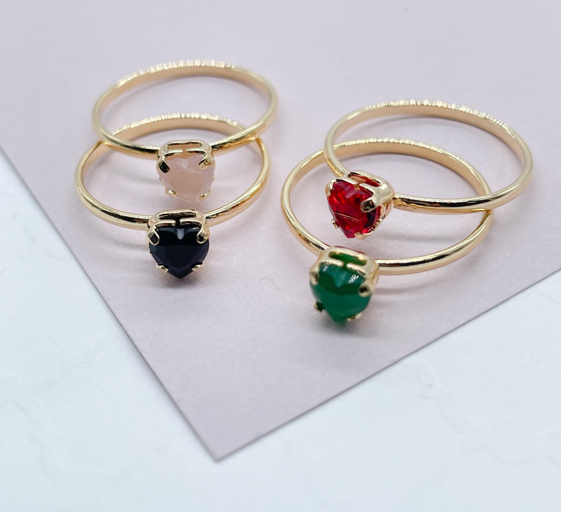 Thin 18k Gold Filled Ring Featuring Solitaire Colorful Heart Shape Cubic Zirconia Jewelry