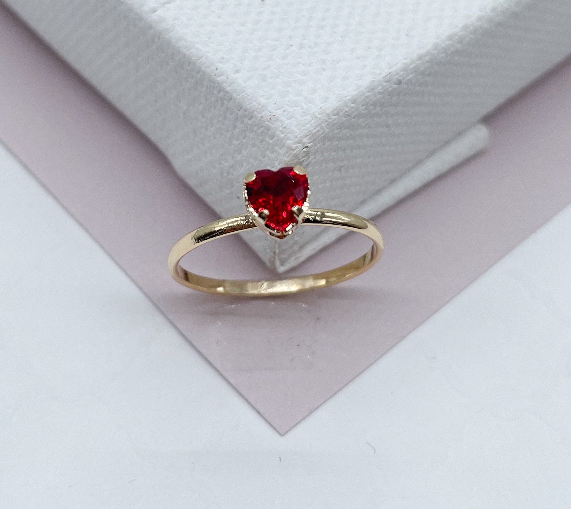 Thin 18k Gold Filled Ring Featuring Solitaire Colorful Heart Shape Cubic Zirconia Jewelry