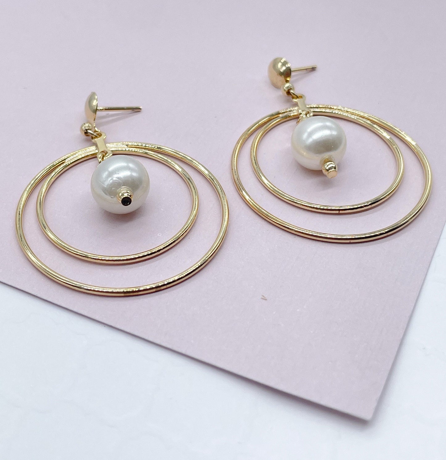 18k Gold Filled Double Stacked Hoop Earrings Featuring Simulated Pearl Dangling In The Middle