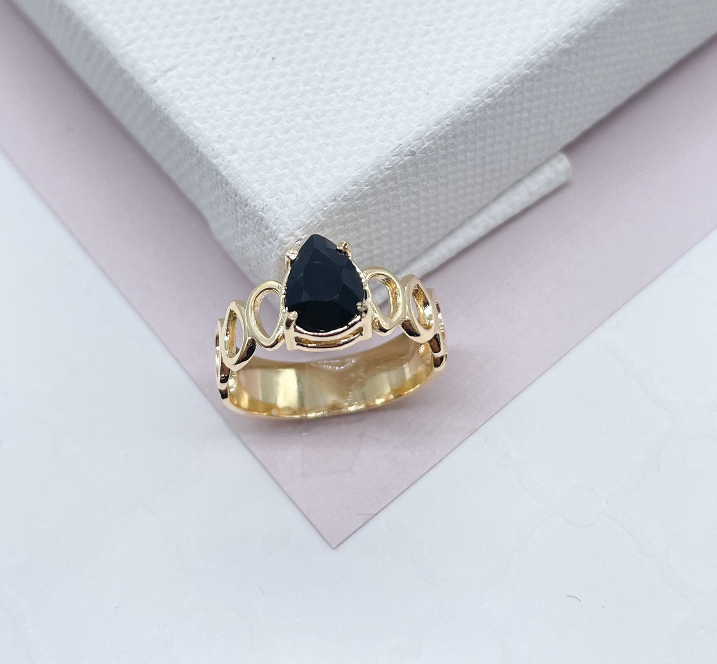 18k Gold Filled Ring Featuring Solitaire Tear Drop Shaped Stone Available In Assorted Colors Jewelry