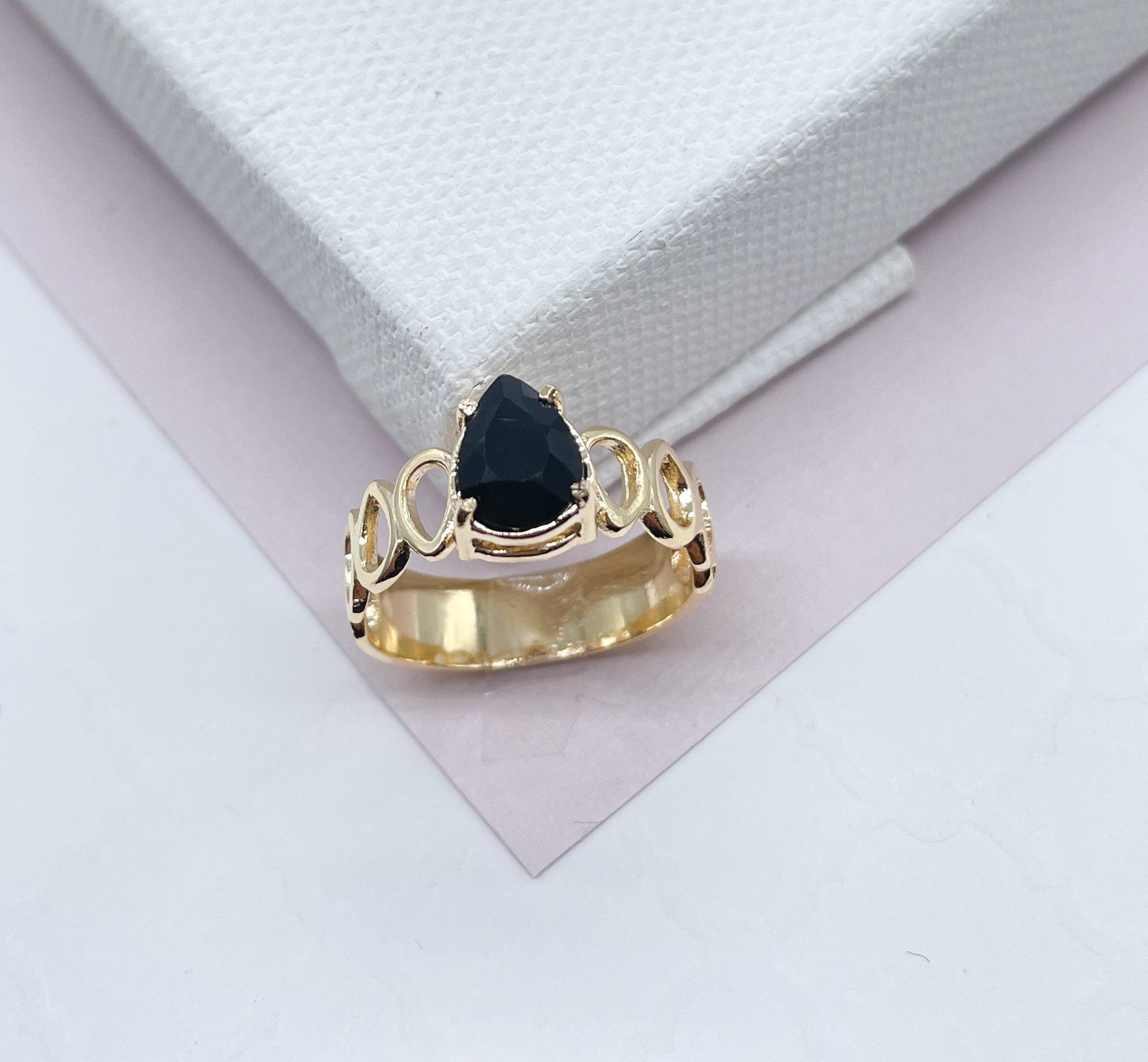 18k Gold Filled Ring Featuring Solitaire Tear Drop Shaped Stone Available In Assorted Colors Jewelry