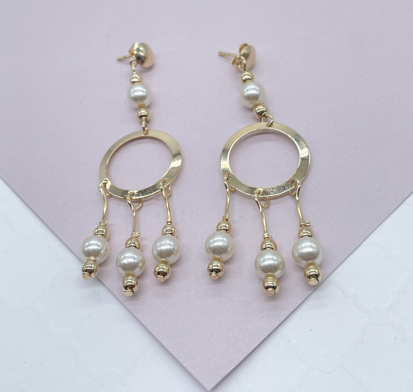 18k Gold Filled Boho Dreamcatcher Inspire Design Dangle Earrings Featuring Details in Simulated Pearl Jewelry