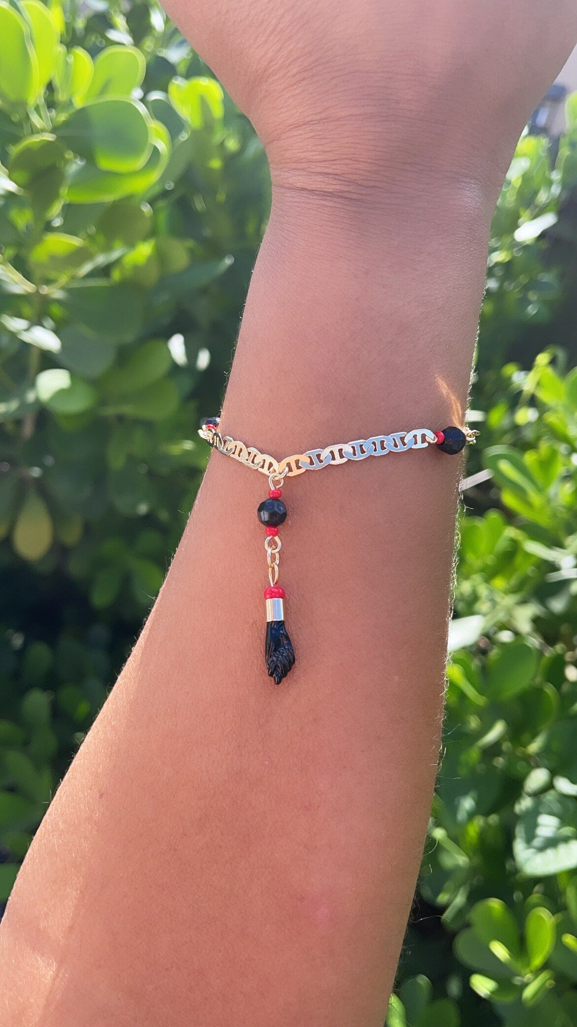 18k Gold Filled Mariner Link Bracelet Featuring Figa And Simulated Azabaches for