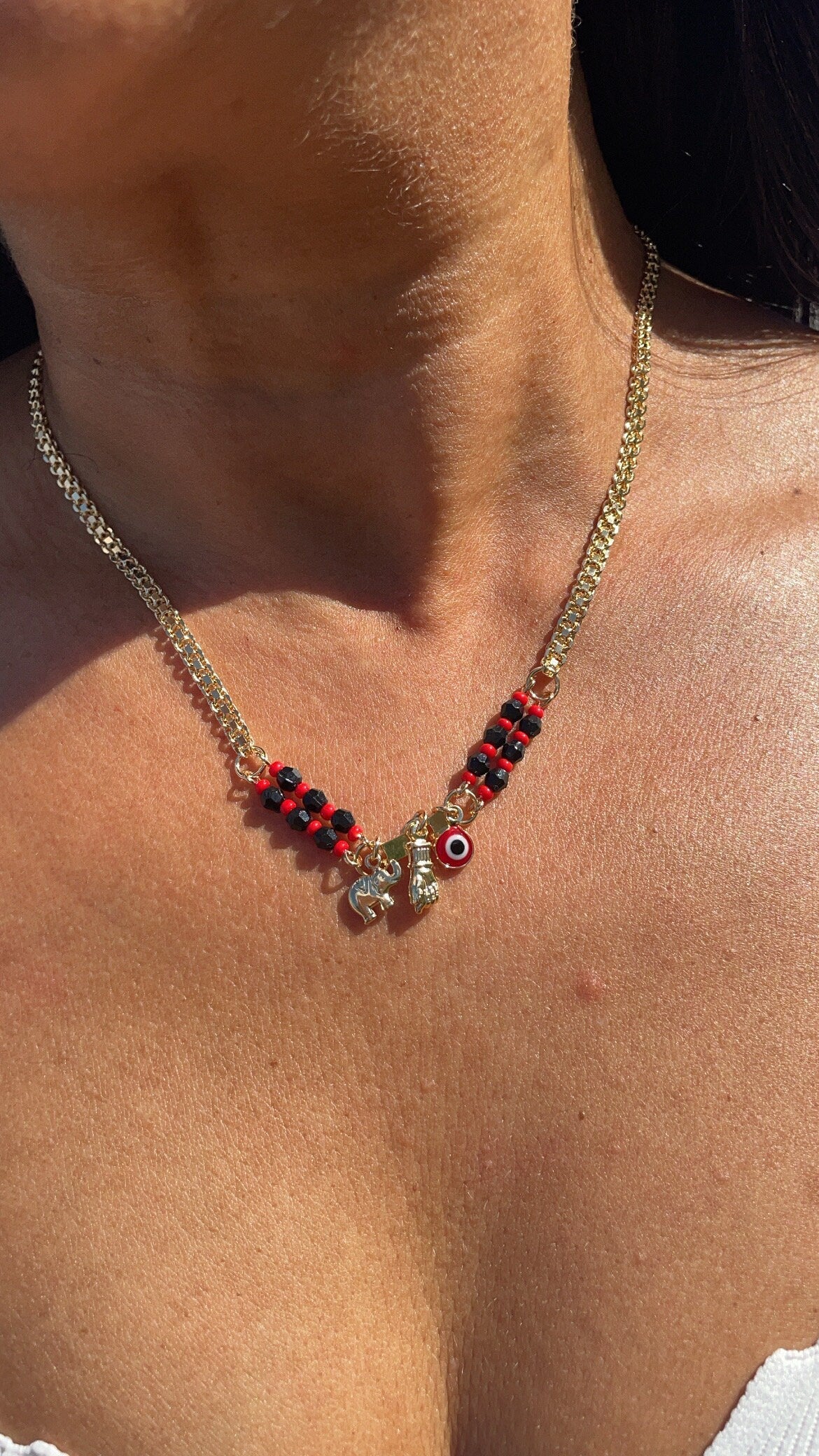 18k Gold Filled Protection “Figa” Hand, Red Evil Eye, Luck Elephant Charm