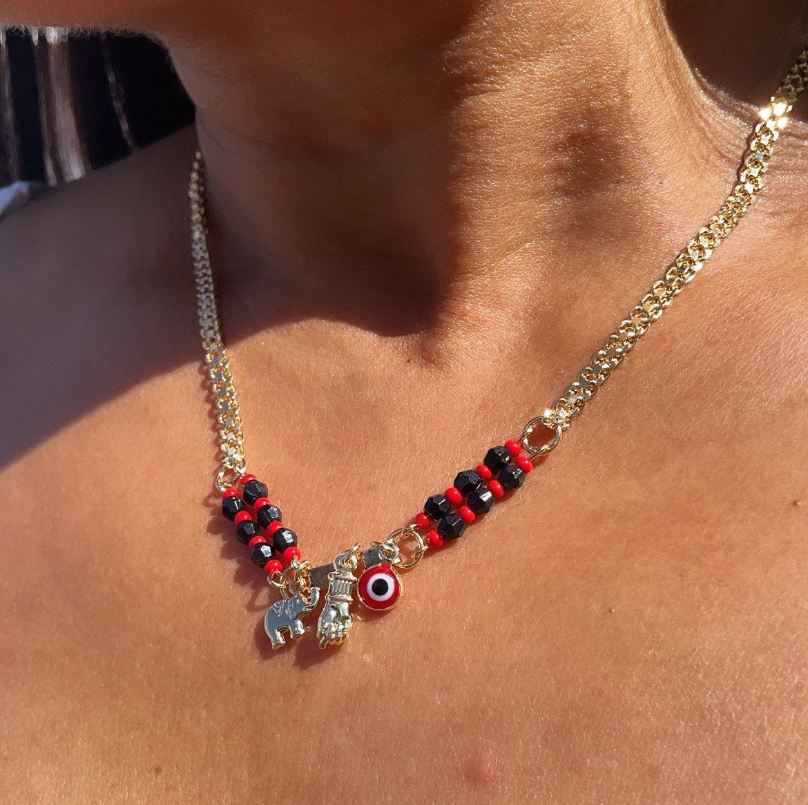 18k Gold Filled Protection “Figa” Hand, Red Evil Eye, Luck Elephant Charm