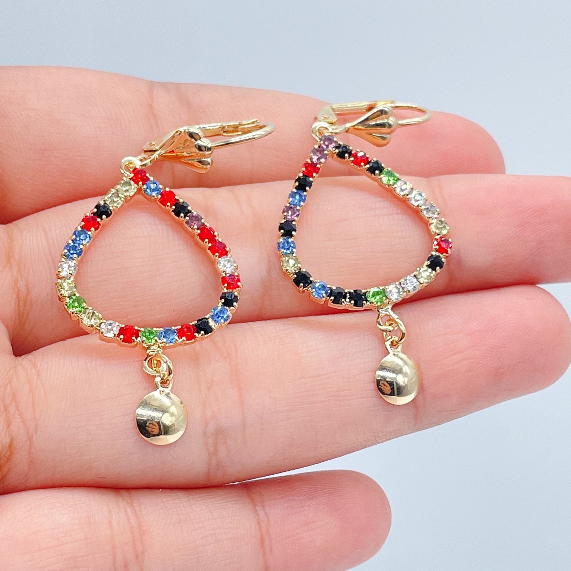 18k Gold Filled Drop Shape Leverback Earrings Featuring Multicolor Cubic Zirconia n Gold Circle Plate Jewelry