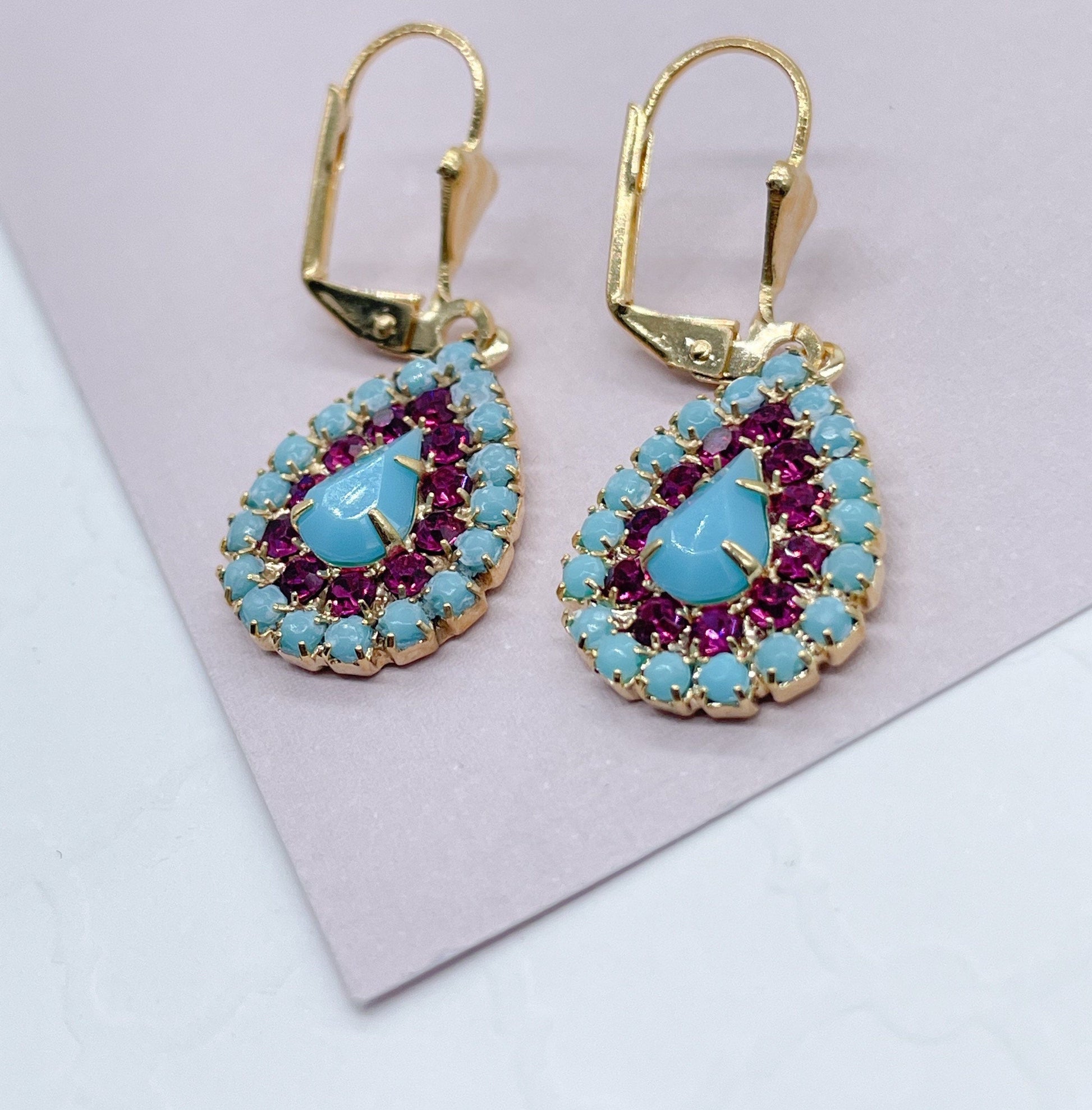 Drop Shape 18k Gold Filled Dangling Earrings Simulated Turquoise Surrounded by