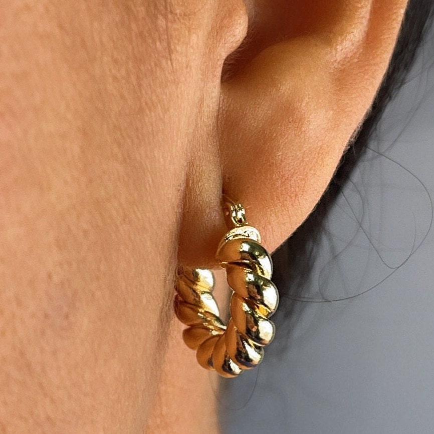 18k Gold Filled Chunky Croissant Style Hoop Earrings, Very Light Hallowed