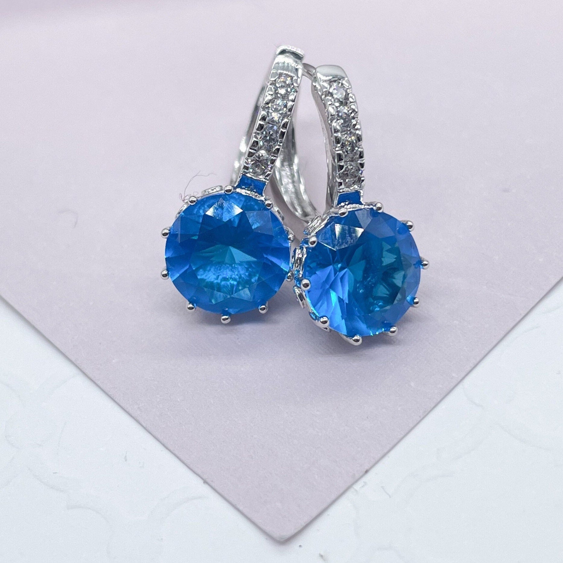 Elegant 18k Silver Filled 9mm Colorful Zirconia Lever Back Earrings Featuring Clear CZ Details
