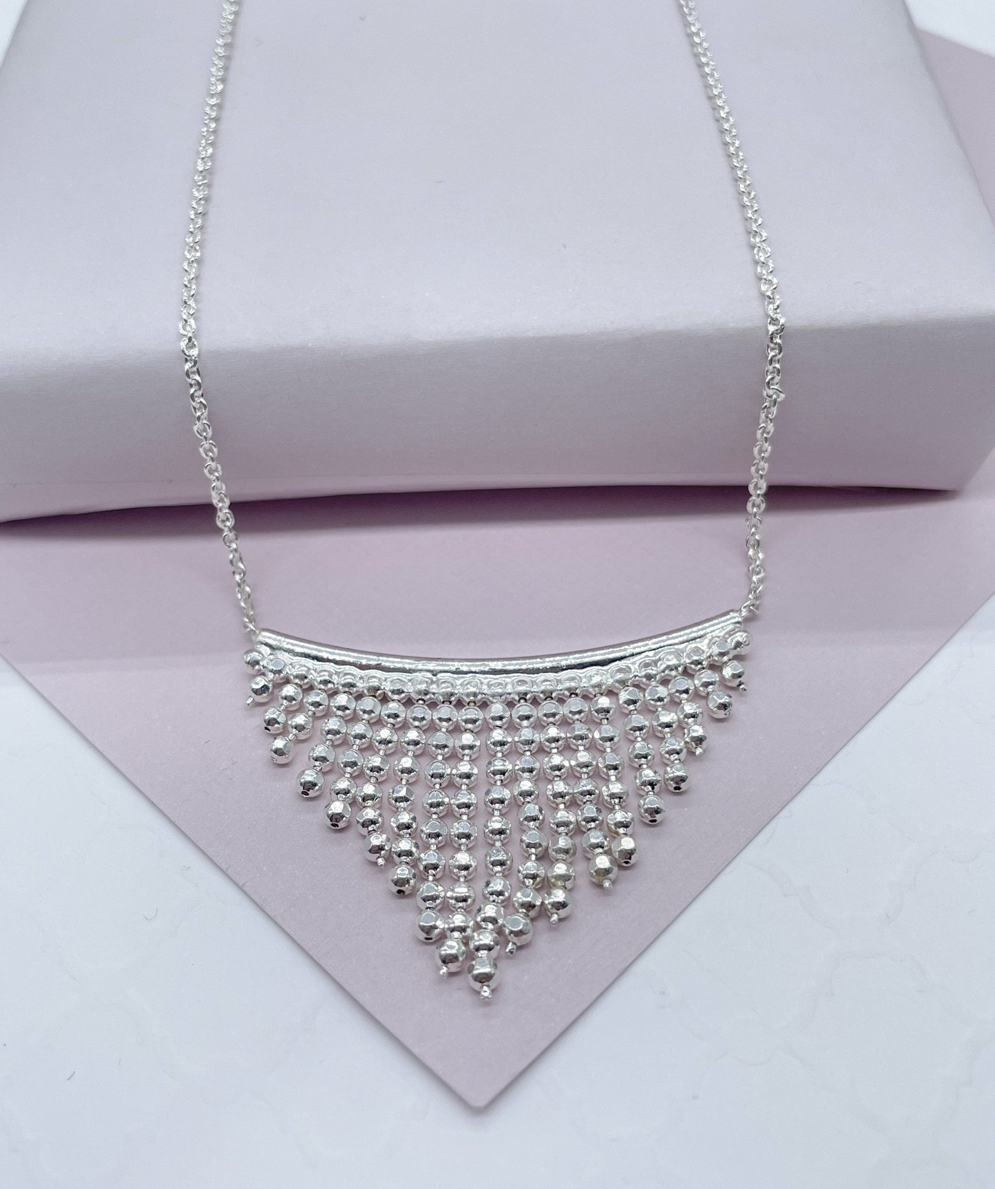 18k Gold Filled Boho Chain Necklace Fringe Dangling Beads, Mesh Inverted Gold Triangle, ,