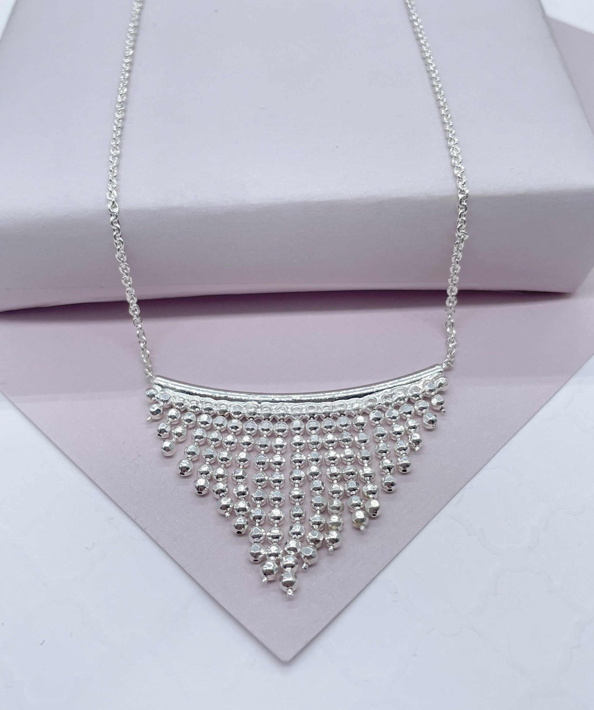 18k Gold Filled Boho Chain Necklace Fringe Dangling Beads, Mesh Inverted Gold Triangle, ,