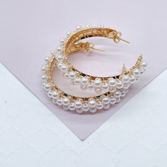 18k Gold filled Hoop Earrings Featuring A Wire Wrap of Pearls Around The Hoop