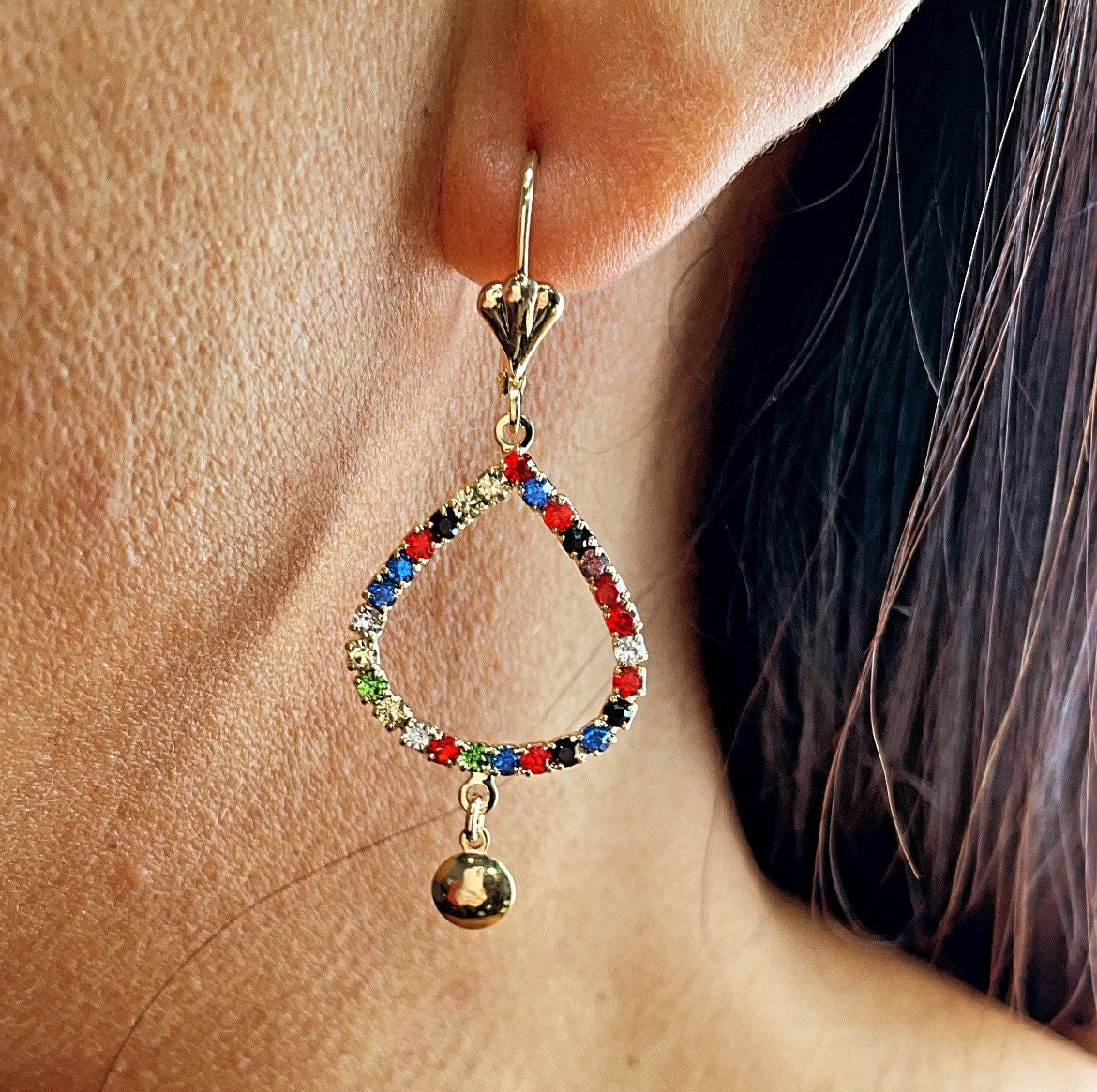 18k Gold Filled Drop Earrings: Multicolor Cubic Zirconia Leverback