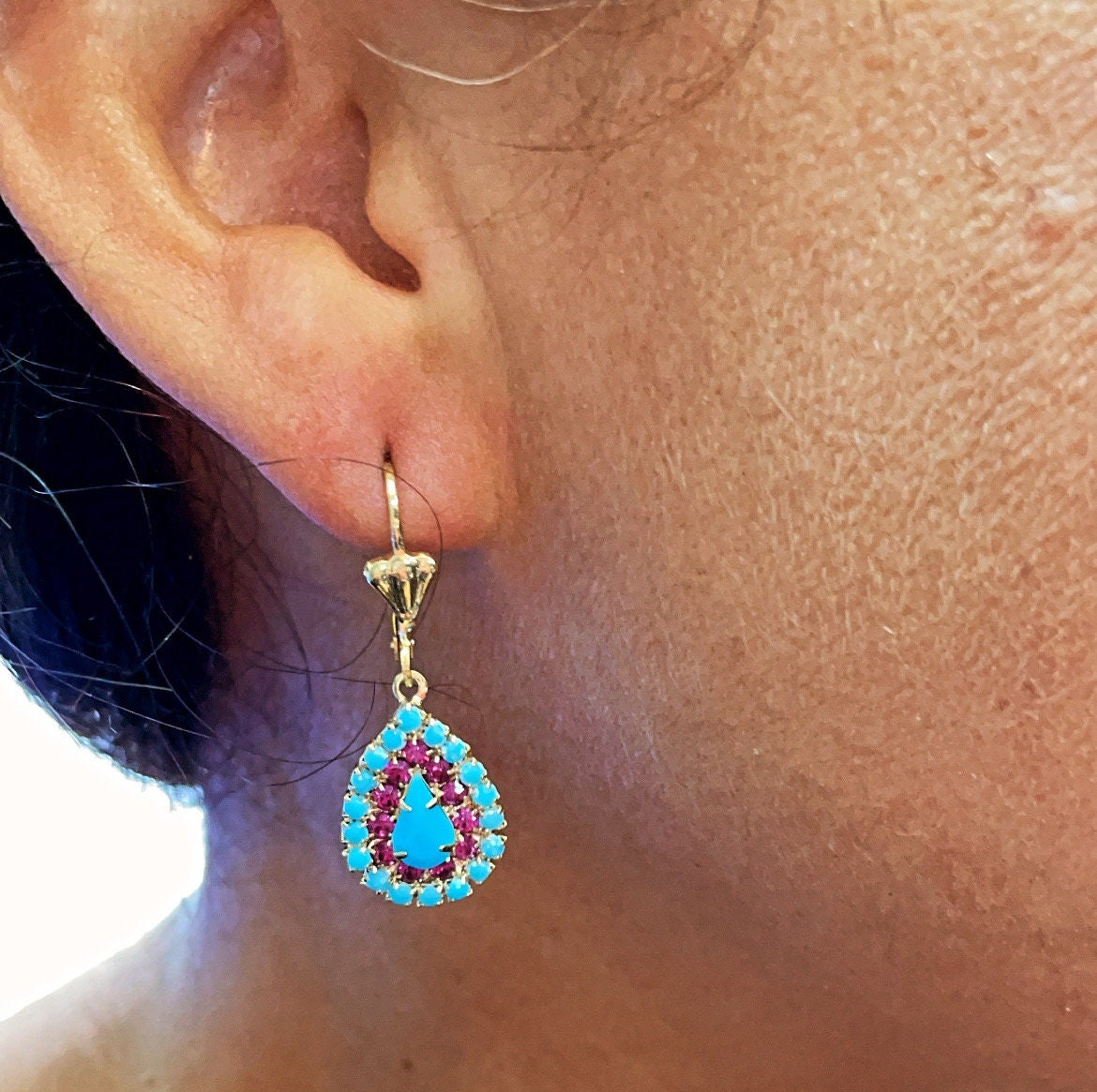 Drop Shape 18k Gold Filled Dangling Earrings Simulated Turquoise Surrounded by