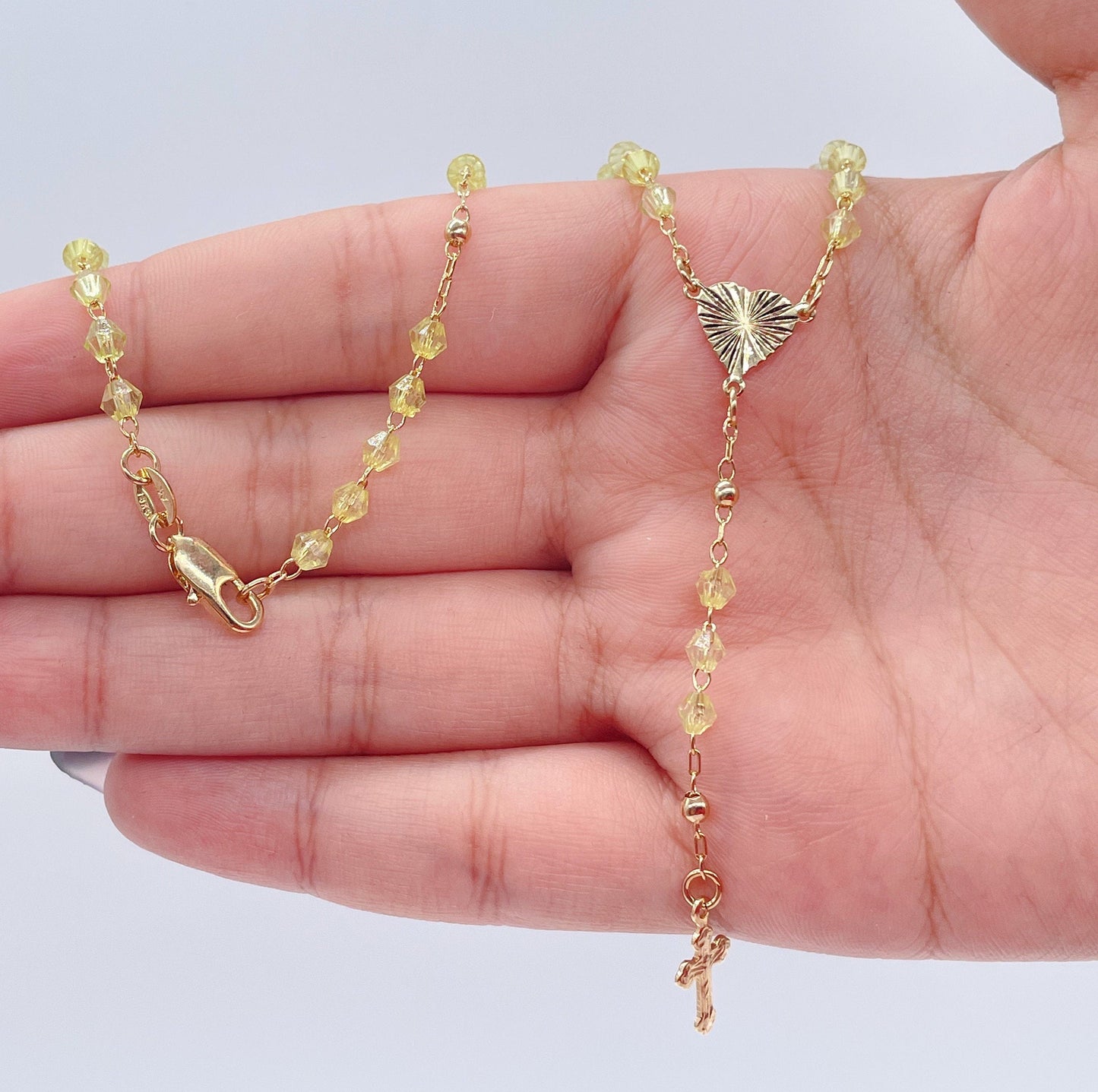 18k Gold Filled Beaded Necklace Featuring Center Sun Rays Textured Heart And
