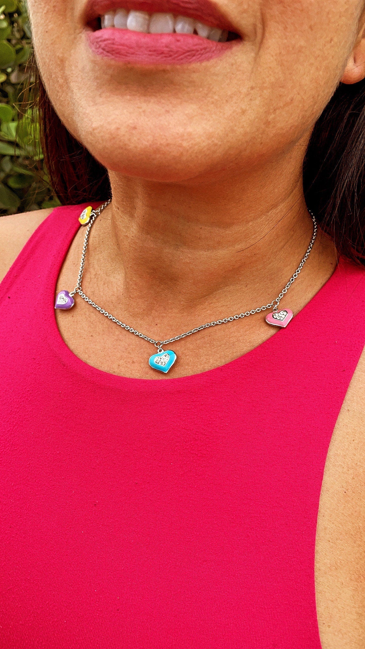 Silver Filled Necklace with Colorful Enamel Heart Charms