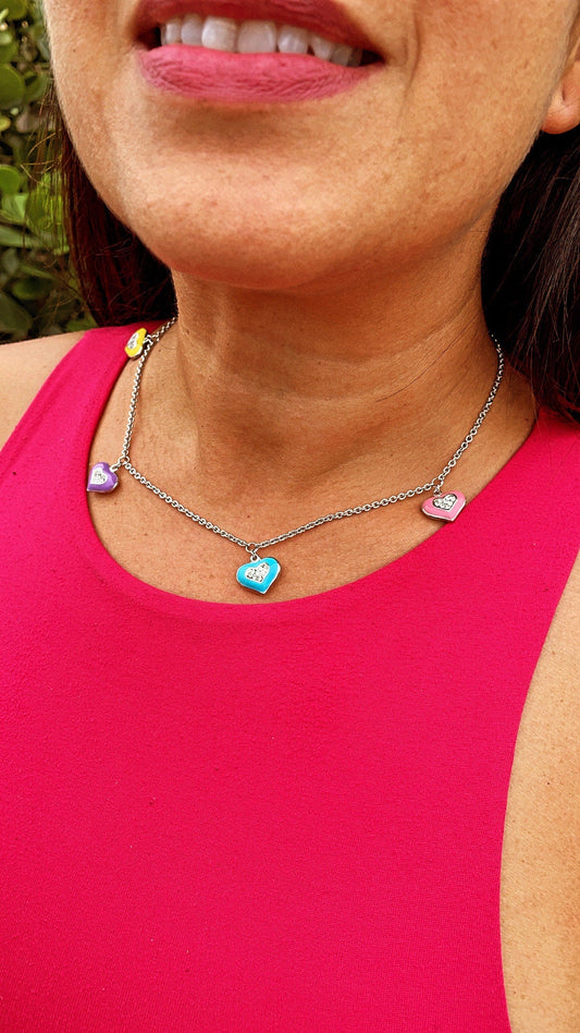 Silver Filled Necklace with Colorful Enamel Heart Charms