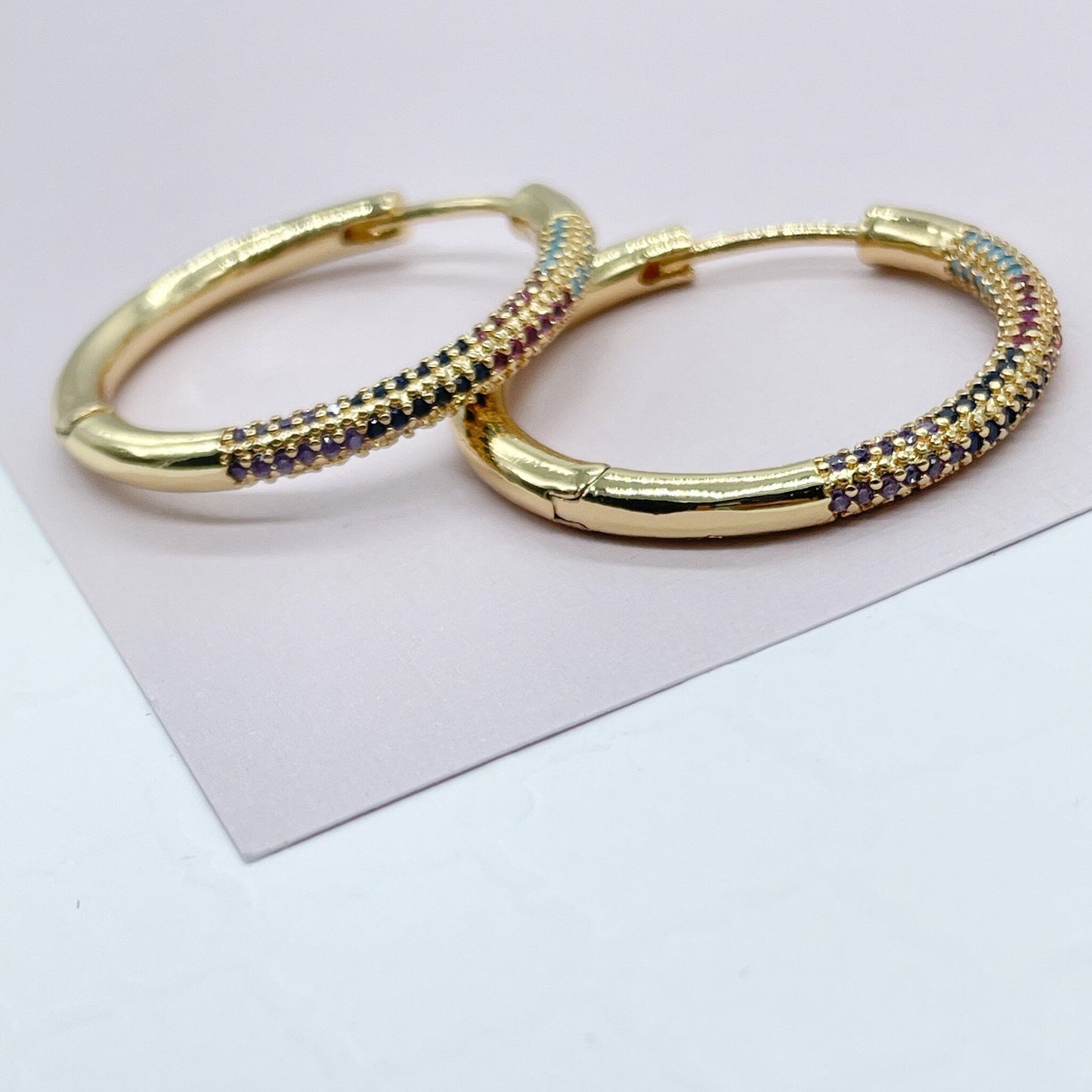 Large Thick 18k Gold Filled Colorful Pave Cubic Zirconia Hoop Earrings 1" Diameter in Size - , Fun Hoop to wear