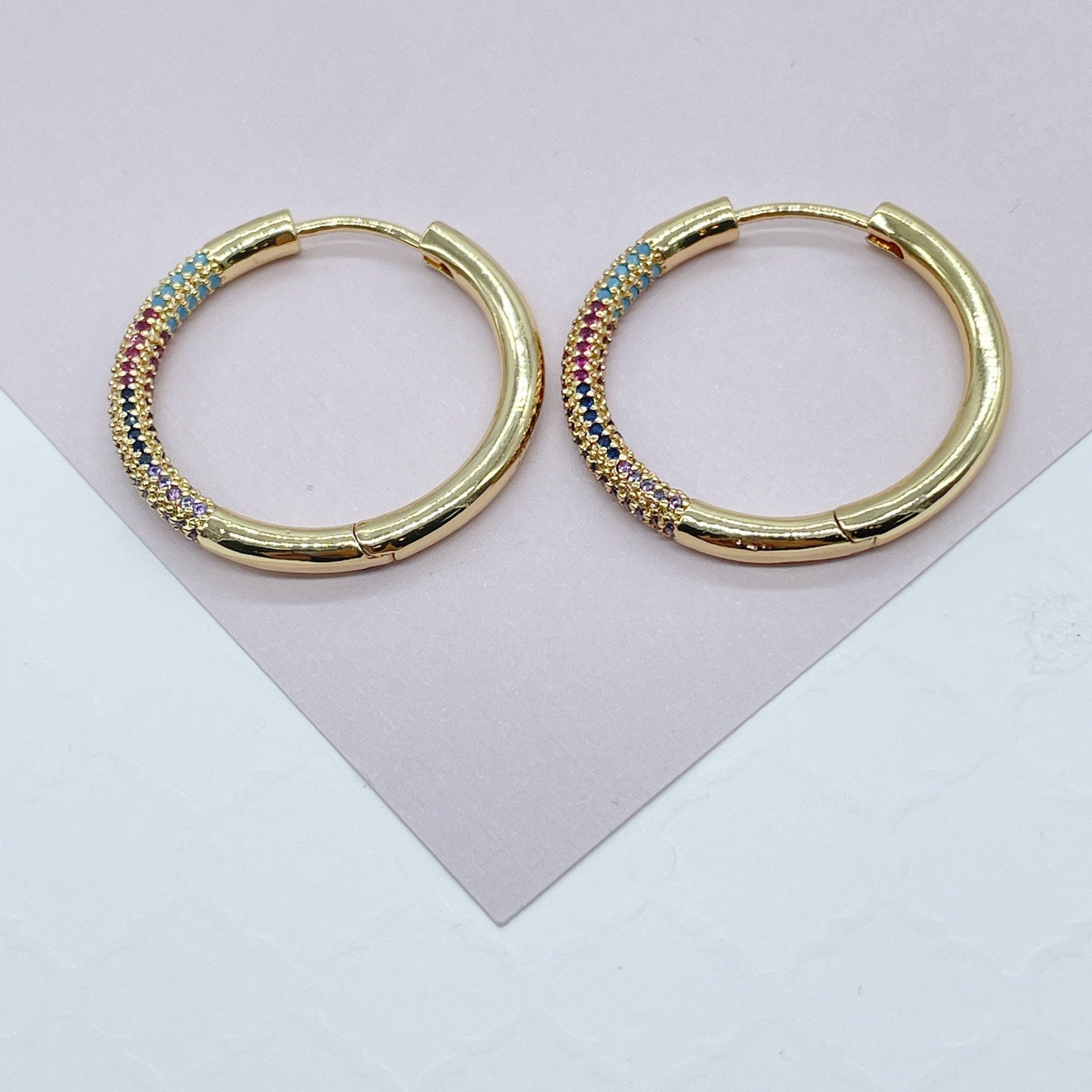 Large Thick 18k Gold Filled Colorful Pave Cubic Zirconia Hoop Earrings 1" Diameter in Size - , Fun Hoop to wear