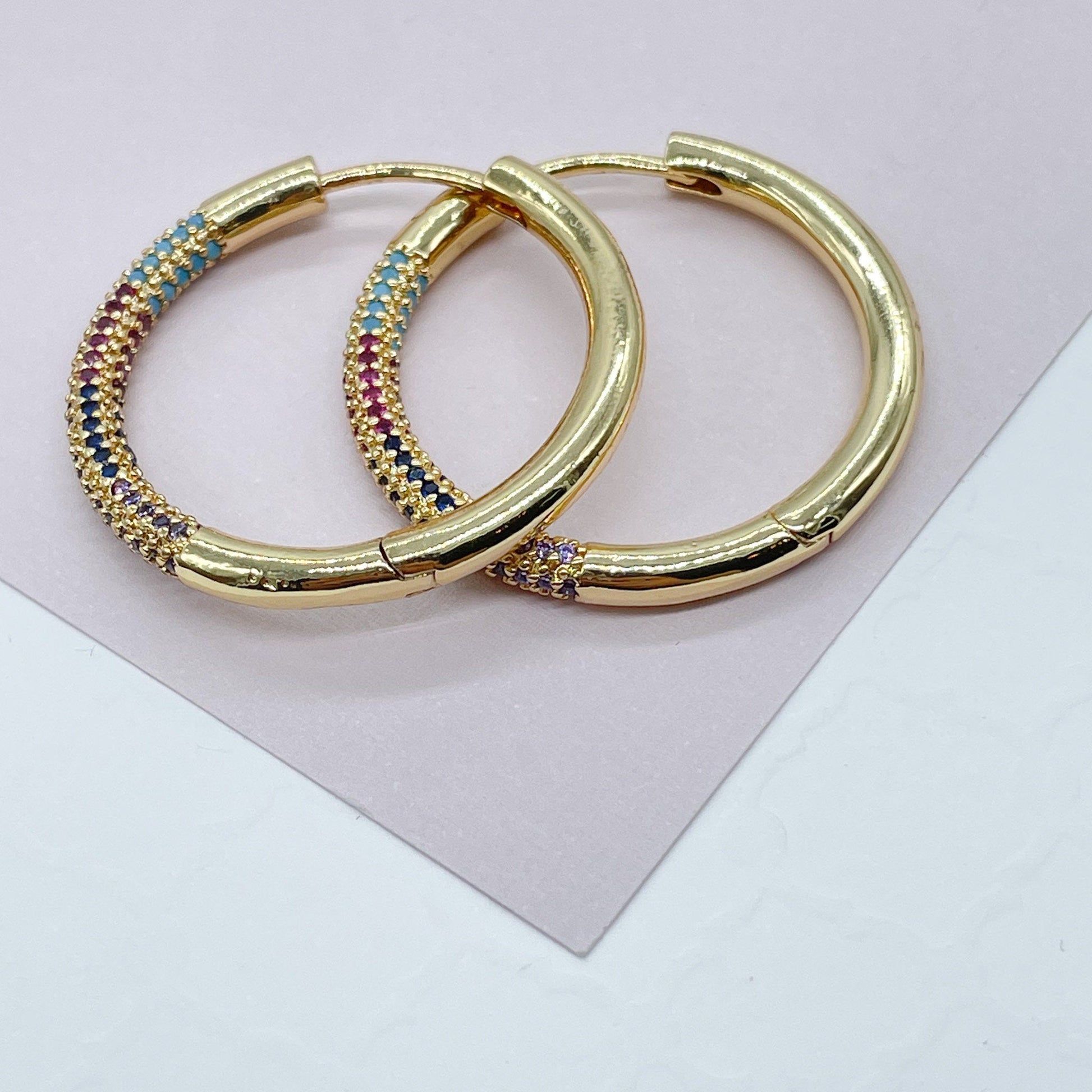 Large Thick 18k Gold Filled Colorful Pave Cubic Zirconia Hoop Earrings 1" Diameter in Size - , Fun Hoop to wear