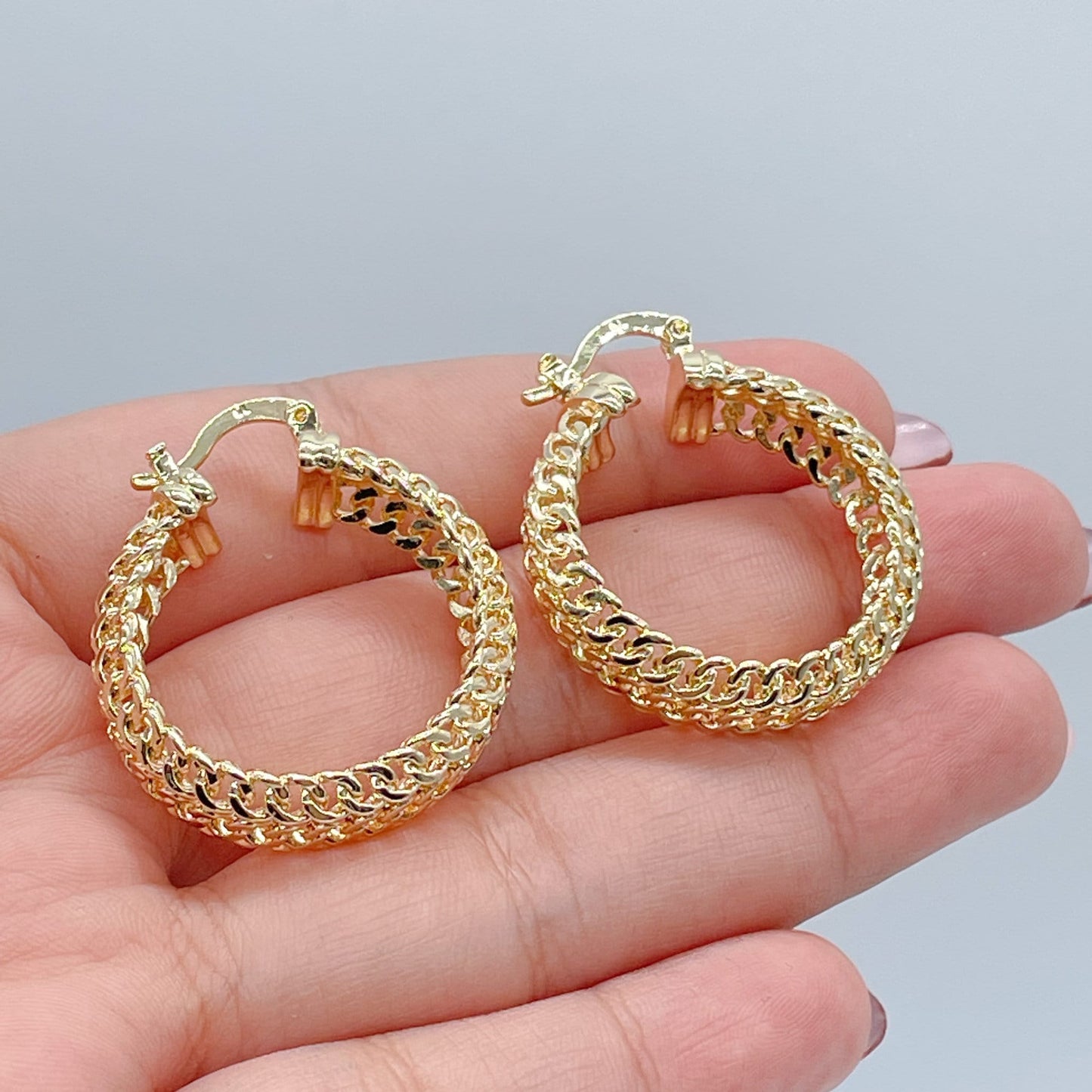 18K GoldFilled Three Row Cuban Link 1.5” Diameter Hoop Earrings Size 40mm