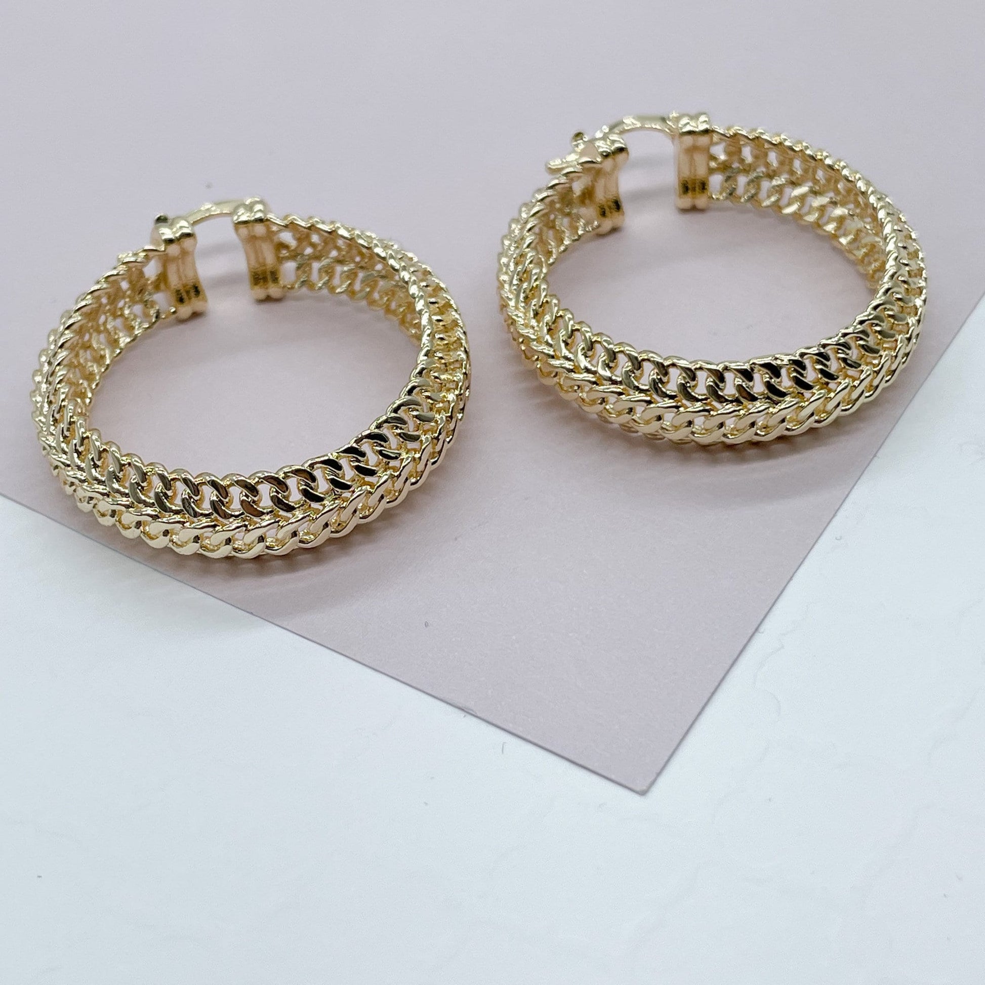 18K GoldFilled Three Row Cuban Link 1.5” Diameter Hoop Earrings Size 40mm
