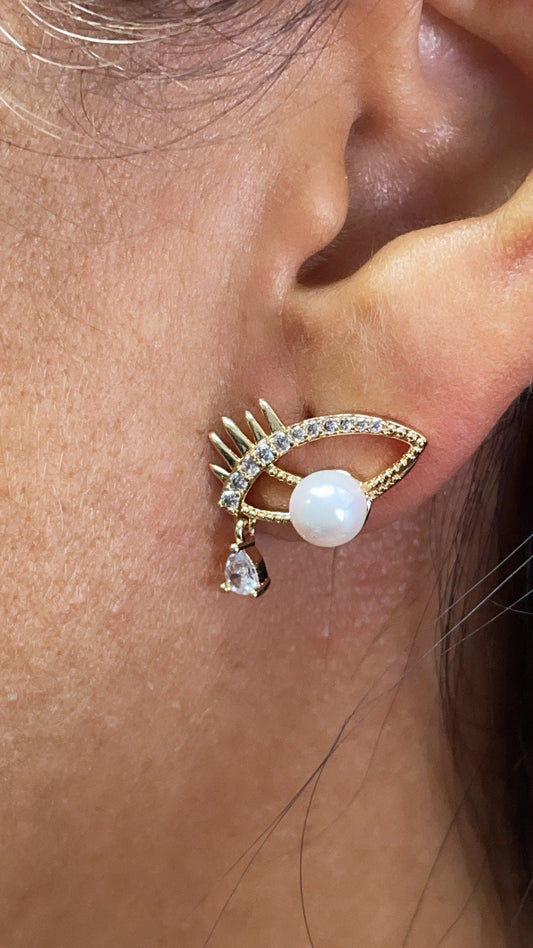 18k Gold Filled Evil Eye Earring With Pearl Ball Eye And Teardrop Cubic Zirconia Stone