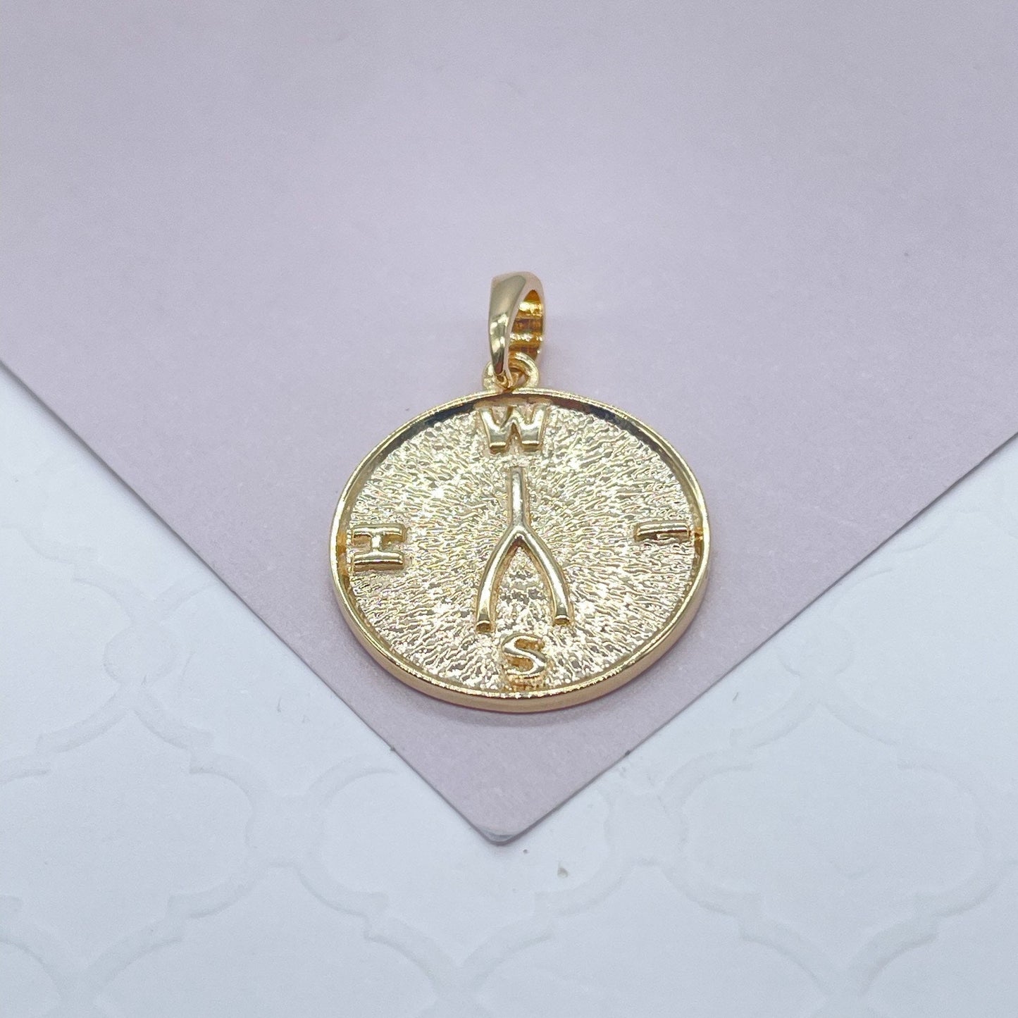 18k Gold Filled Wishbone Pendant: Engraved Lucky Charm