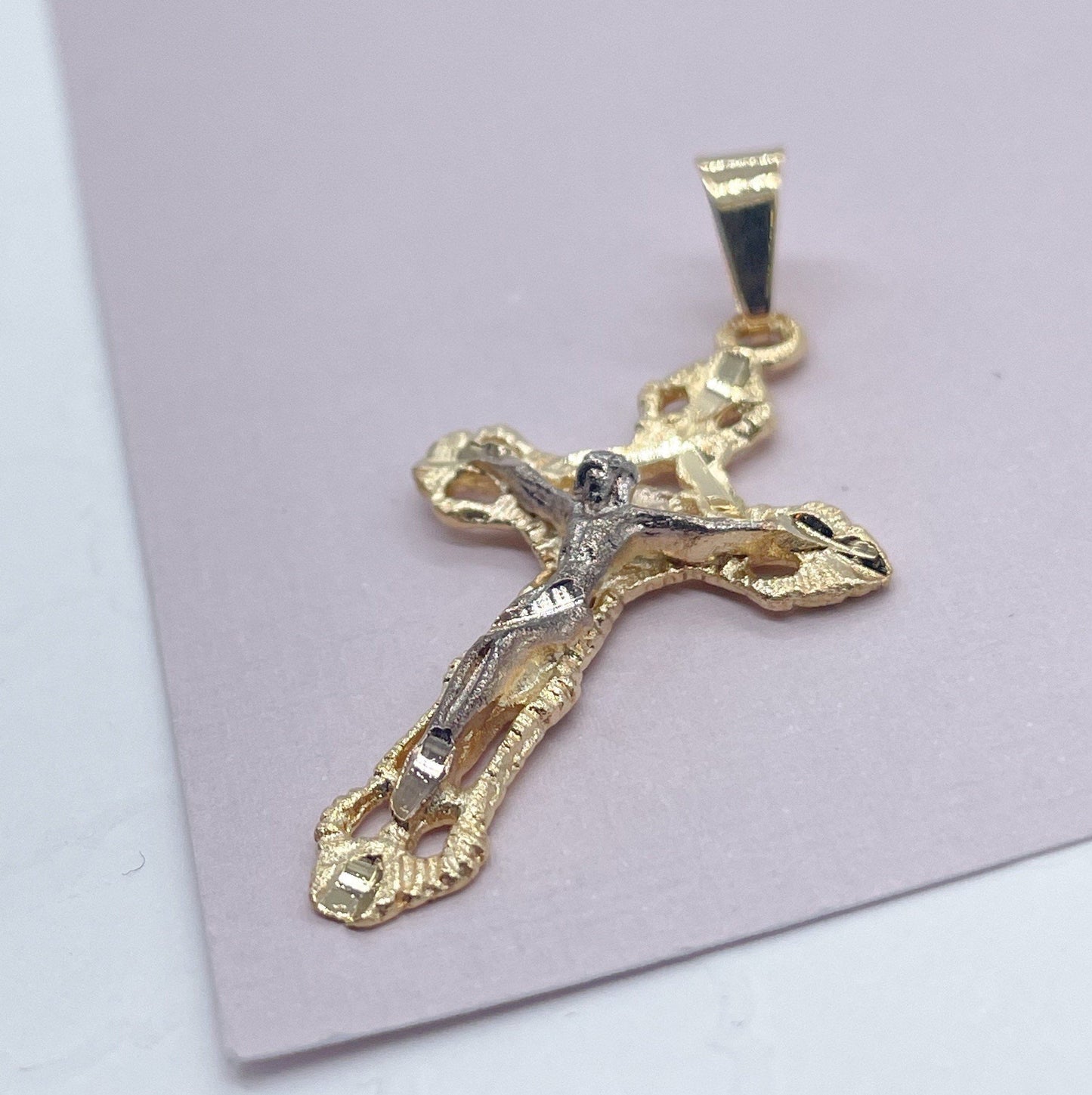 18k Gold Filled Textured Crucifix Cross Featuring Image Of Jesus Christ in