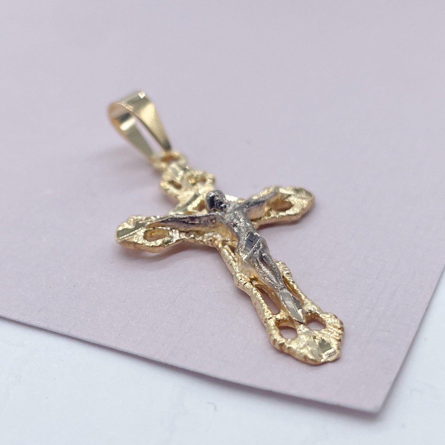 18k Gold Filled Textured Crucifix Cross Featuring Image Of Jesus Christ in