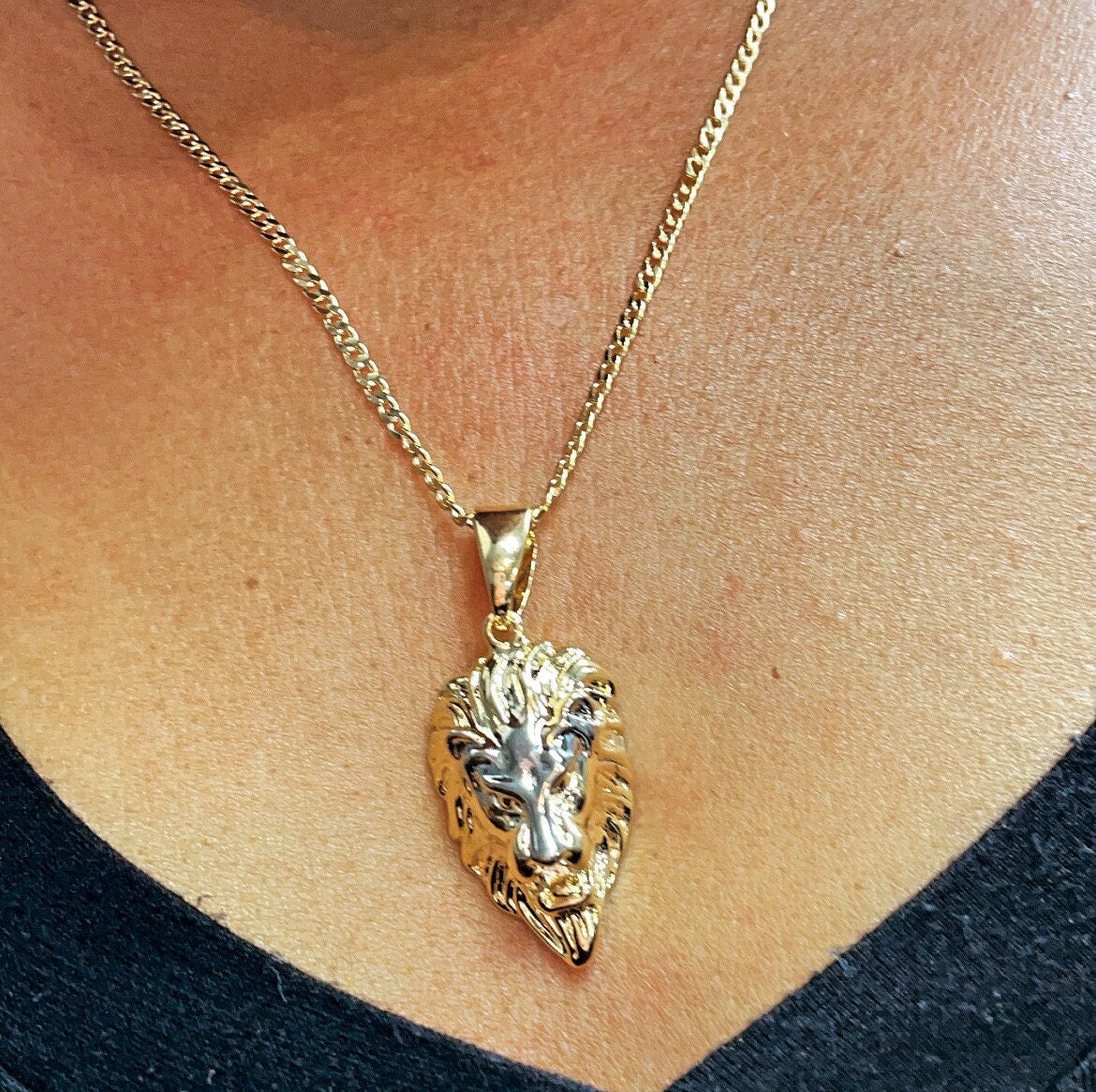 18k Gold Filled Lion Head Pendant With Silver Head And Gold Mane Tow Tone