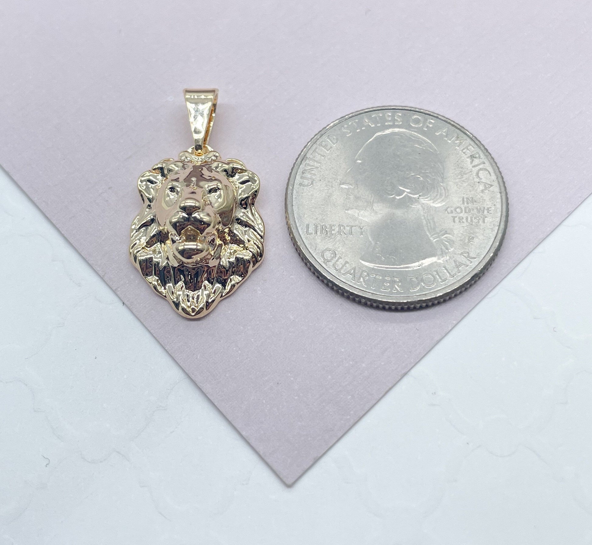 18k Gold Filled Detailed Lion Head Pendant, King Of The Jungle Charm