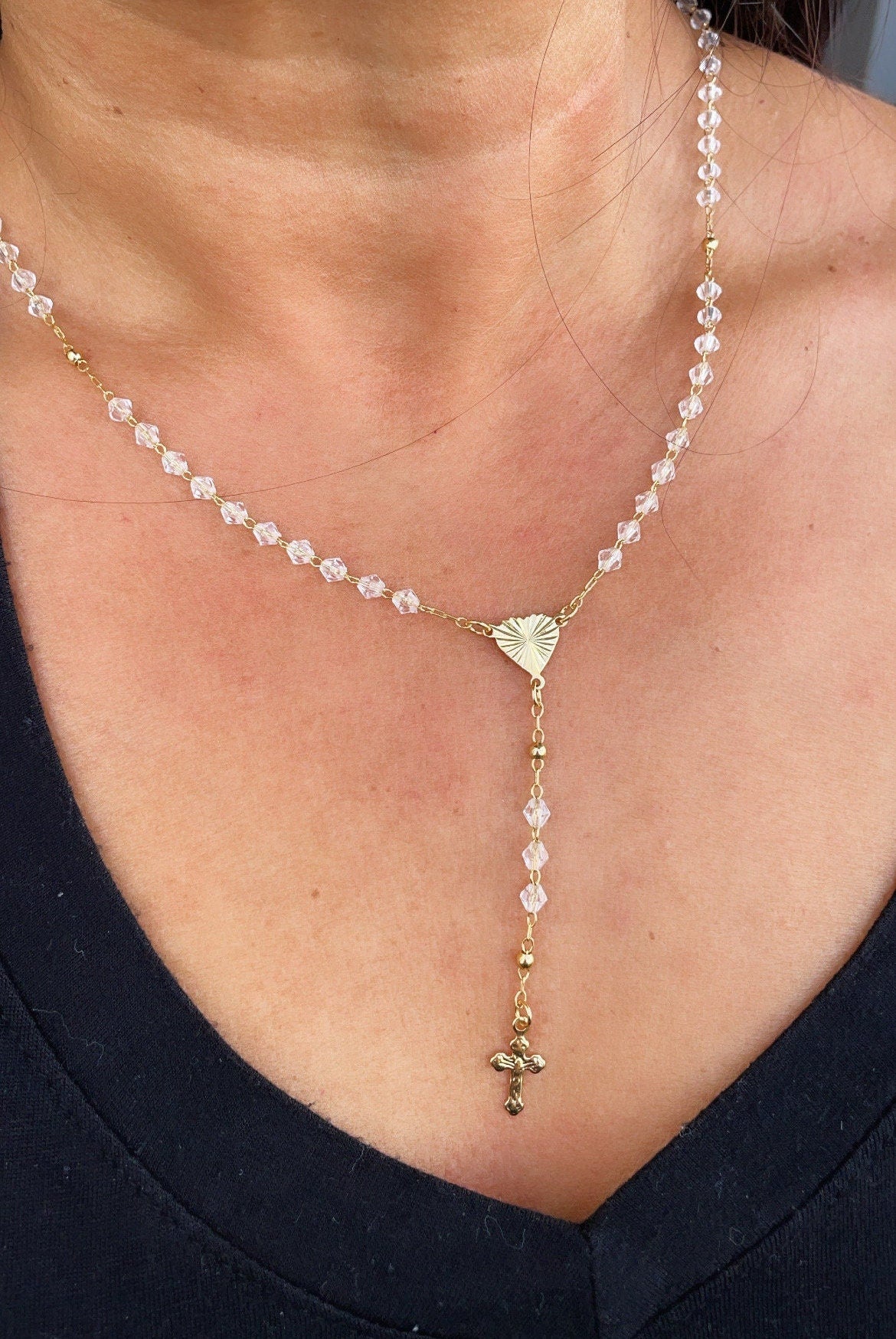 18k Gold Filled Beaded Necklace Featuring Center Sun Rays Textured Heart And